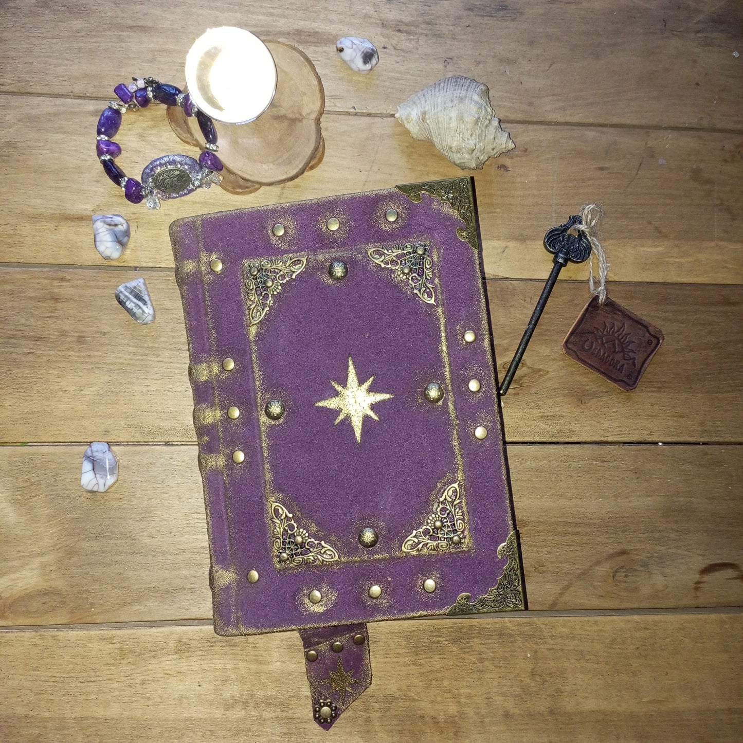 Handmade Purple Leather Journal – Celestial Star Grimoire Vintage Suede Notebook Aged Paper Sketchbook