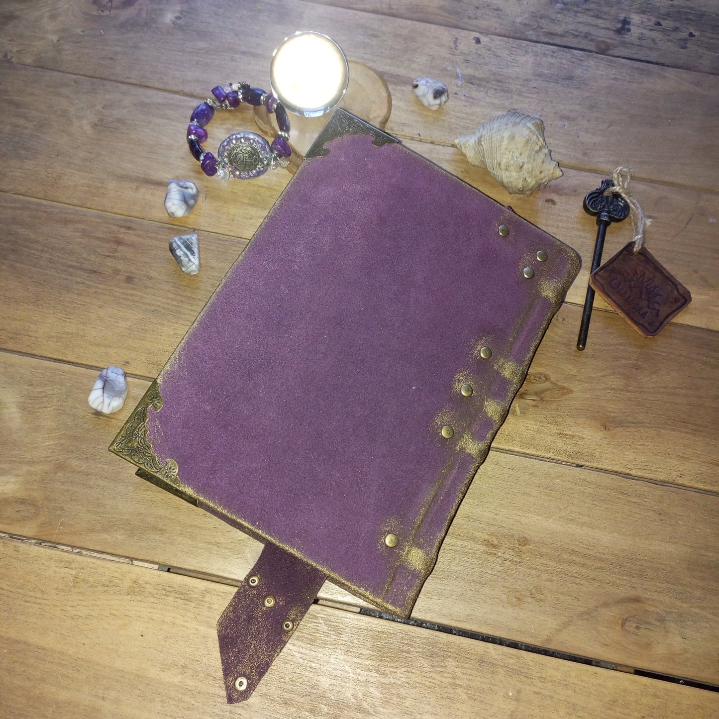 Handmade Purple Leather Journal – Celestial Star Grimoire Vintage Suede Notebook Aged Paper Sketchbook