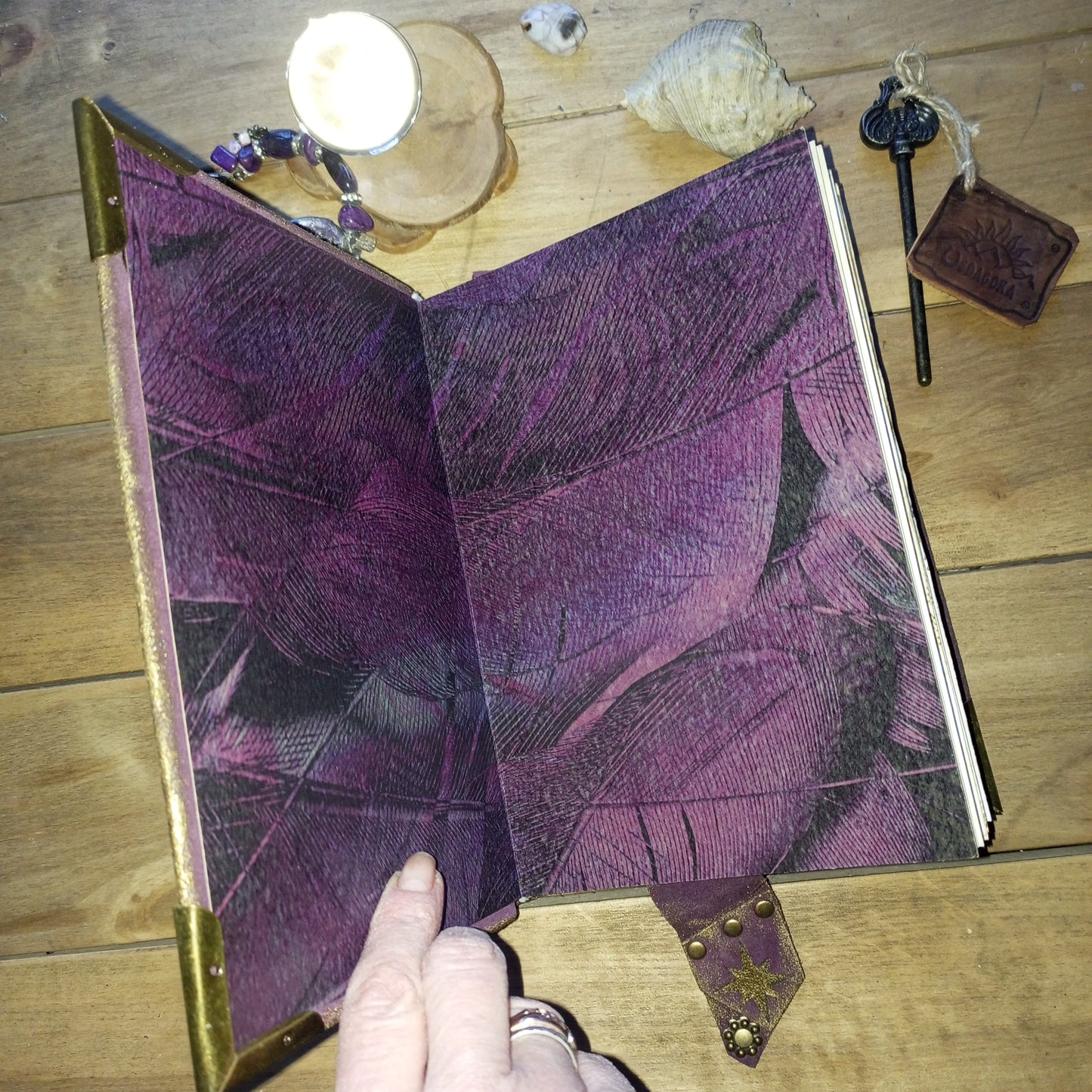 Handmade Purple Leather Journal – Celestial Star Grimoire Vintage Suede Notebook Aged Paper Sketchbook