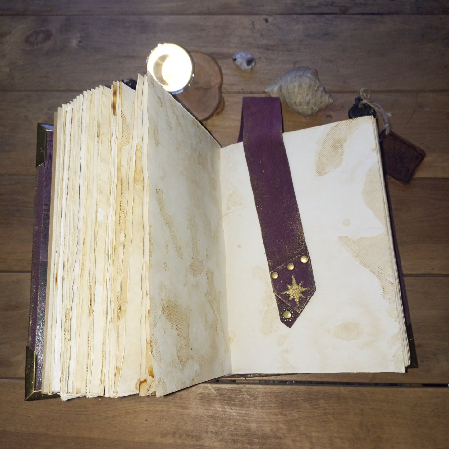 Handmade Purple Leather Journal – Celestial Star Grimoire Vintage Suede Notebook Aged Paper Sketchbook