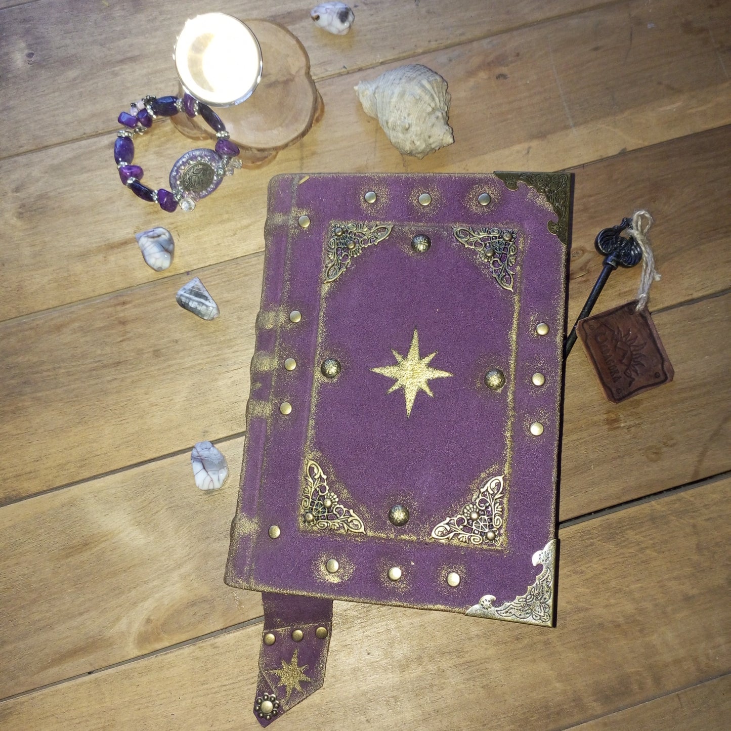 Handmade Purple Leather Journal – Celestial Star Grimoire Vintage Suede Notebook Aged Paper Sketchbook