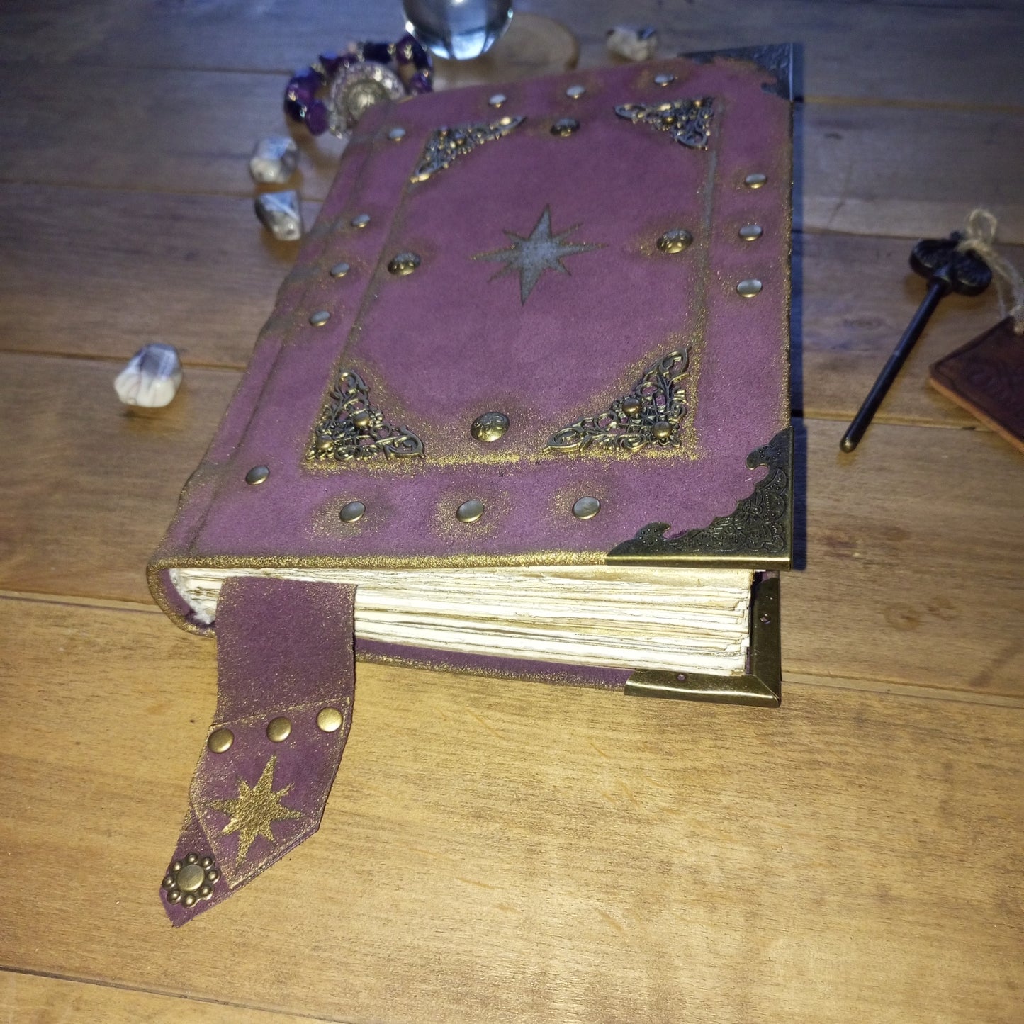 Handmade Purple Leather Journal – Celestial Star Grimoire Vintage Suede Notebook Aged Paper Sketchbook