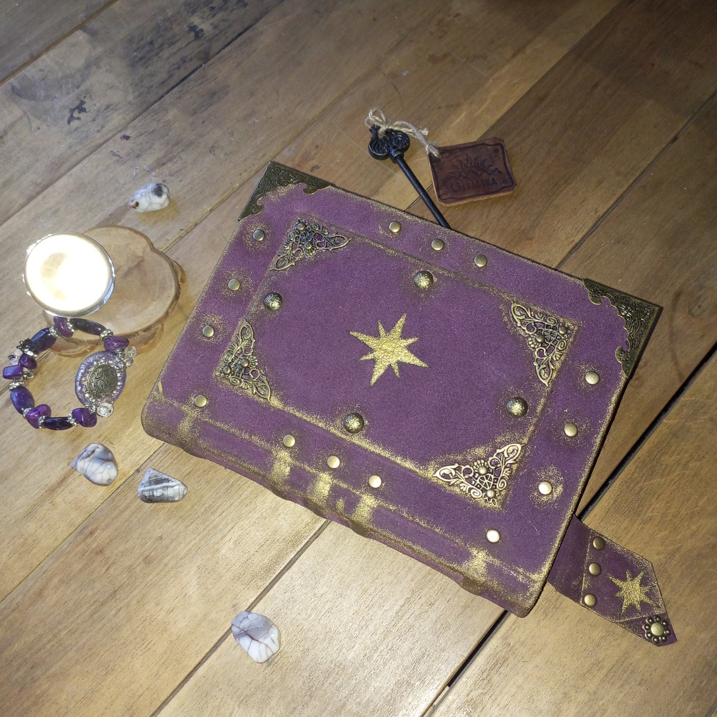 Handmade Purple Leather Journal – Celestial Star Grimoire Vintage Suede Notebook Aged Paper Sketchbook