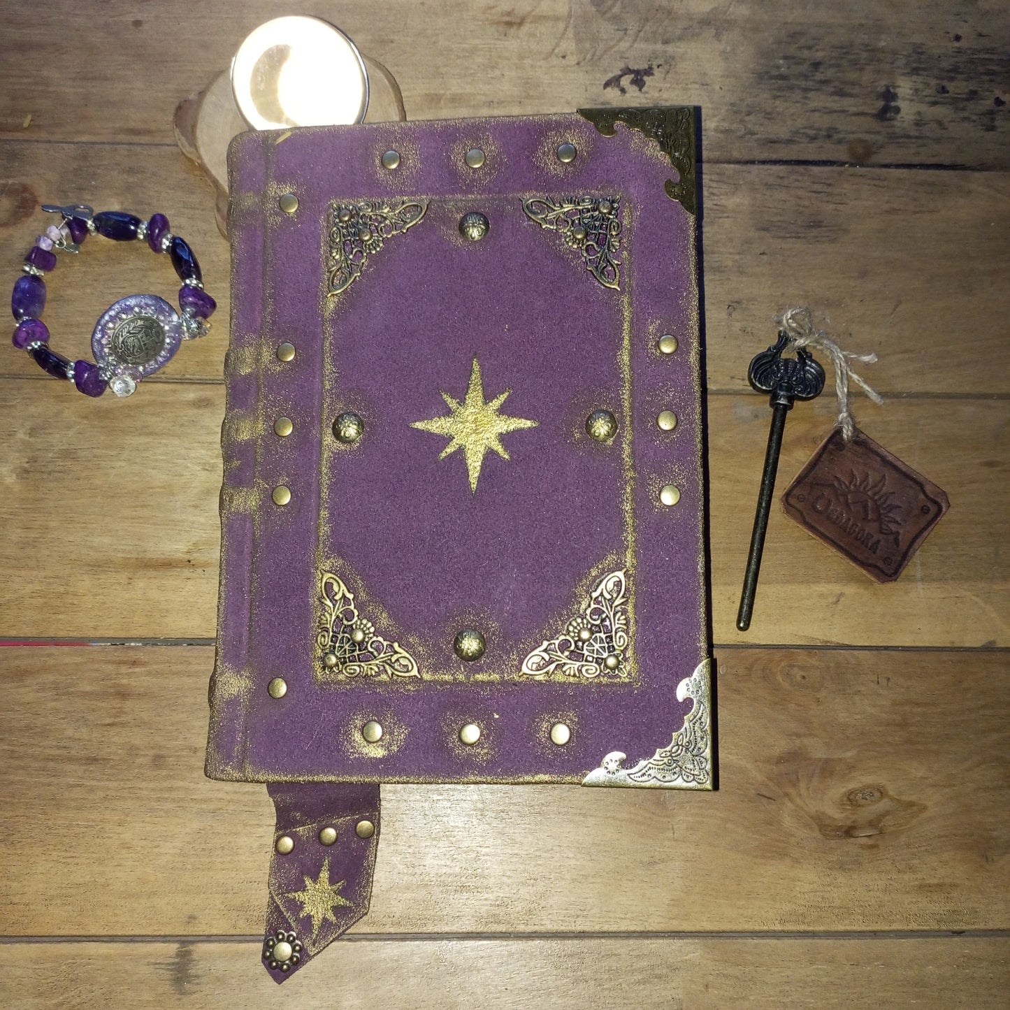 Handmade Purple Leather Journal – Celestial Star Grimoire Vintage Suede Notebook Aged Paper Sketchbook