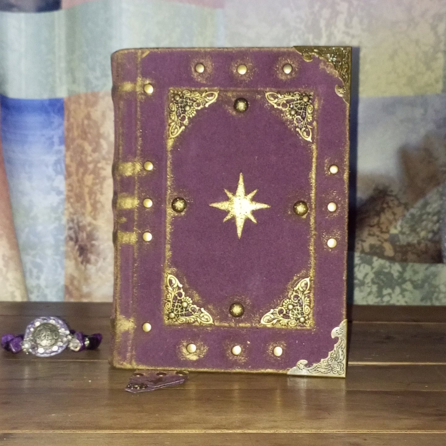 Handmade Purple Leather Journal – Celestial Star Grimoire Vintage Suede Notebook Aged Paper Sketchbook