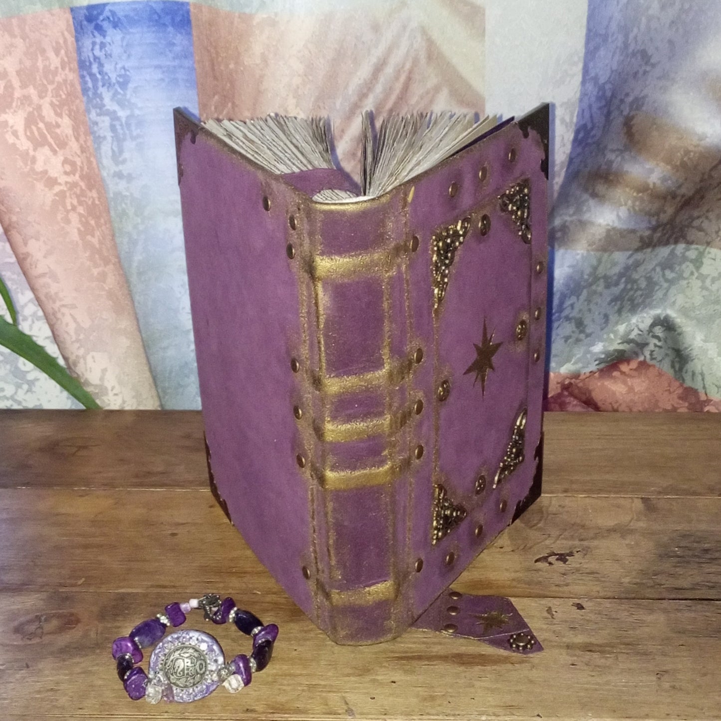 Handmade Purple Leather Journal – Celestial Star Grimoire Vintage Suede Notebook Aged Paper Sketchbook