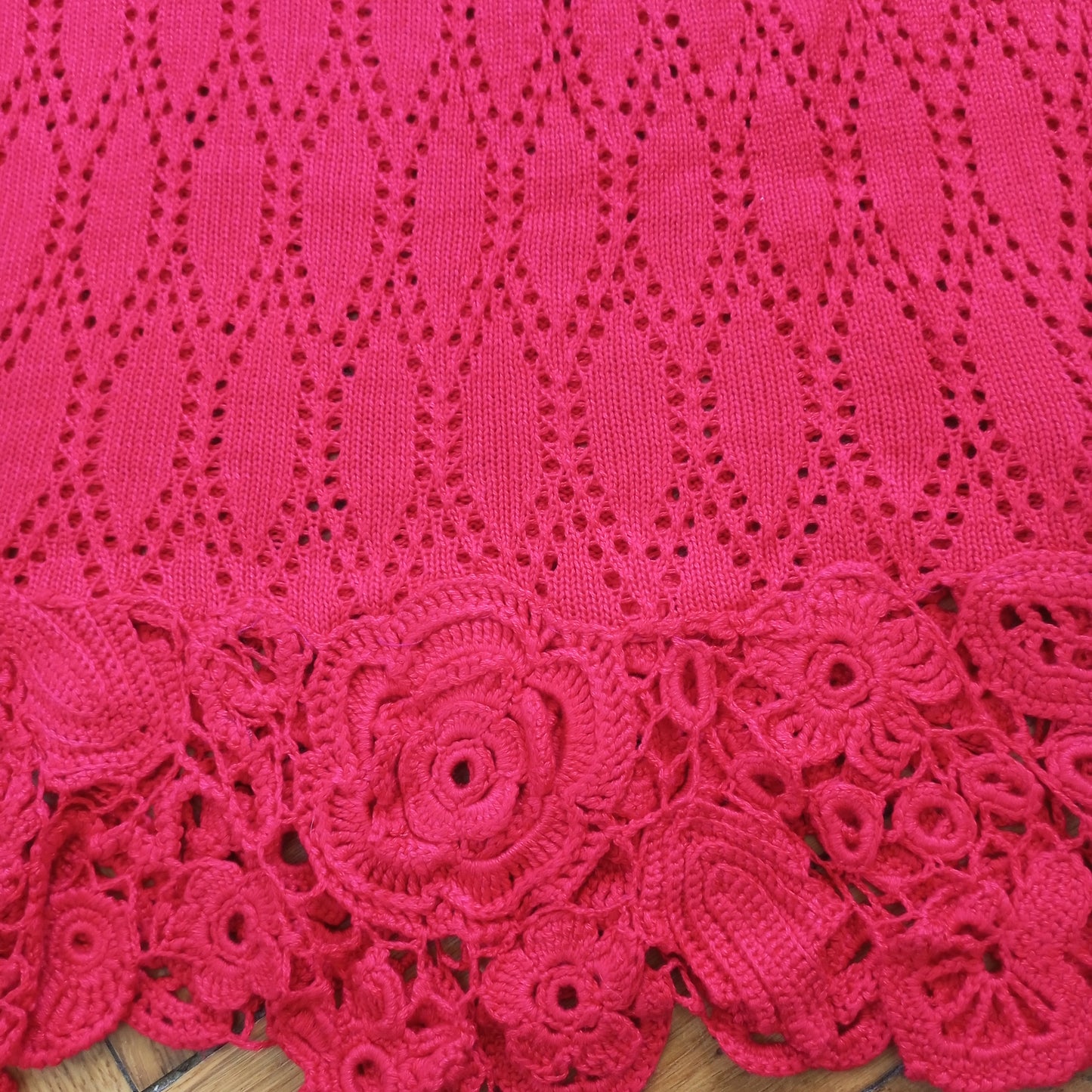 Red Crochet Maxi Dress Irish Lace – Scarlet Viscose Sundress, Handmade Boho Beach & Evening Dress