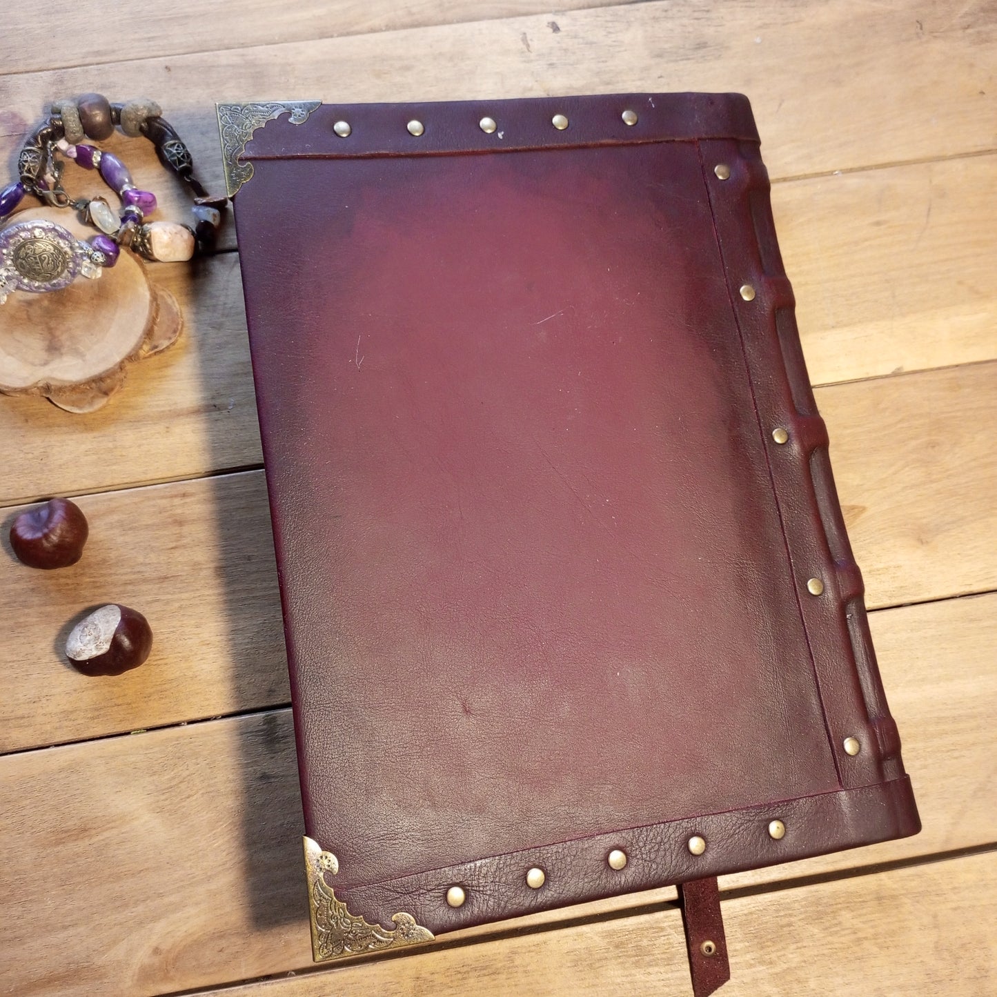 Large Bordeaux Leather Journal – Handmade Vintage Notebook with Aged Pages