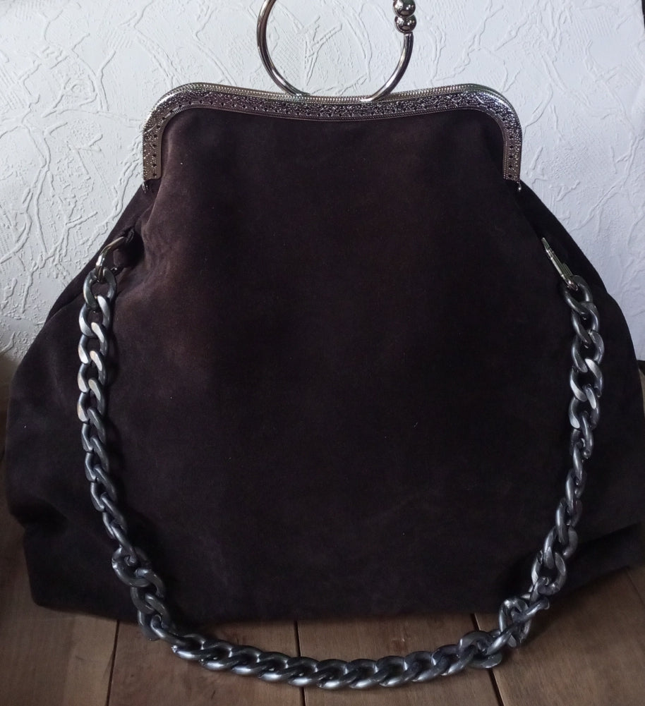 Brown Suede Kisslock Bag – Vintage Chocolate Leather Frame Handbag with Brass Clasp, Bohemian Chain Shoulder Purse
