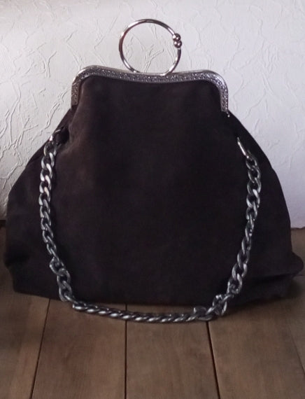 Brown Suede Kisslock Bag – Vintage Chocolate Leather Frame Handbag with Brass Clasp, Bohemian Chain Shoulder Purse