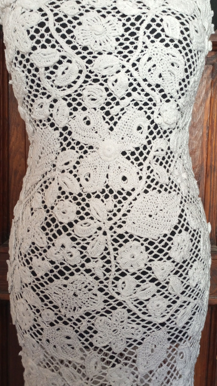 White Crochet Wedding Dress – Irish Lace Bridal Maxi Dress, Handmade Ivory Boho Beach Wedding Gown