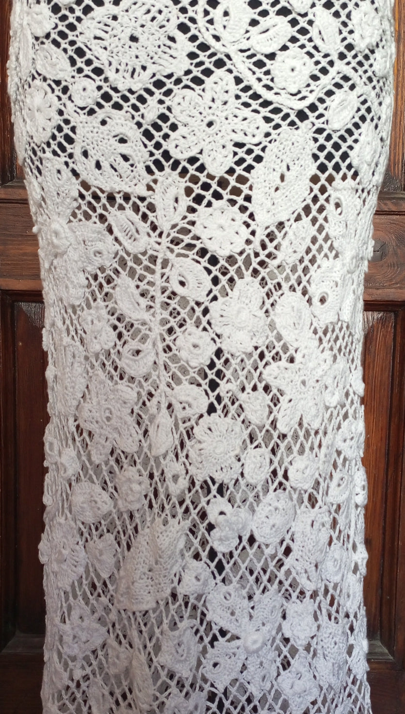 White Crochet Wedding Dress – Irish Lace Bridal Maxi Dress, Handmade Ivory Boho Beach Wedding Gown