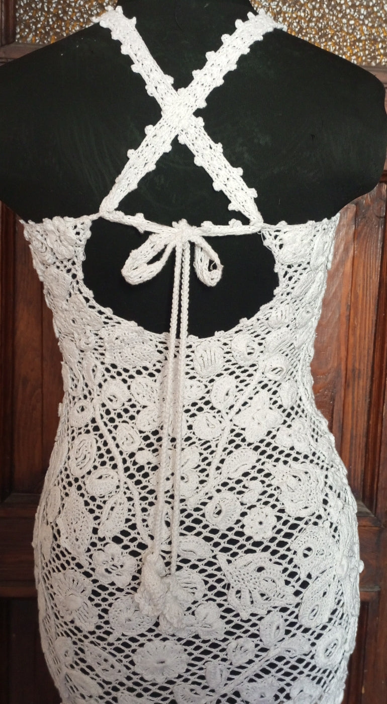 White Crochet Wedding Dress – Irish Lace Bridal Maxi Dress, Handmade Ivory Boho Beach Wedding Gown