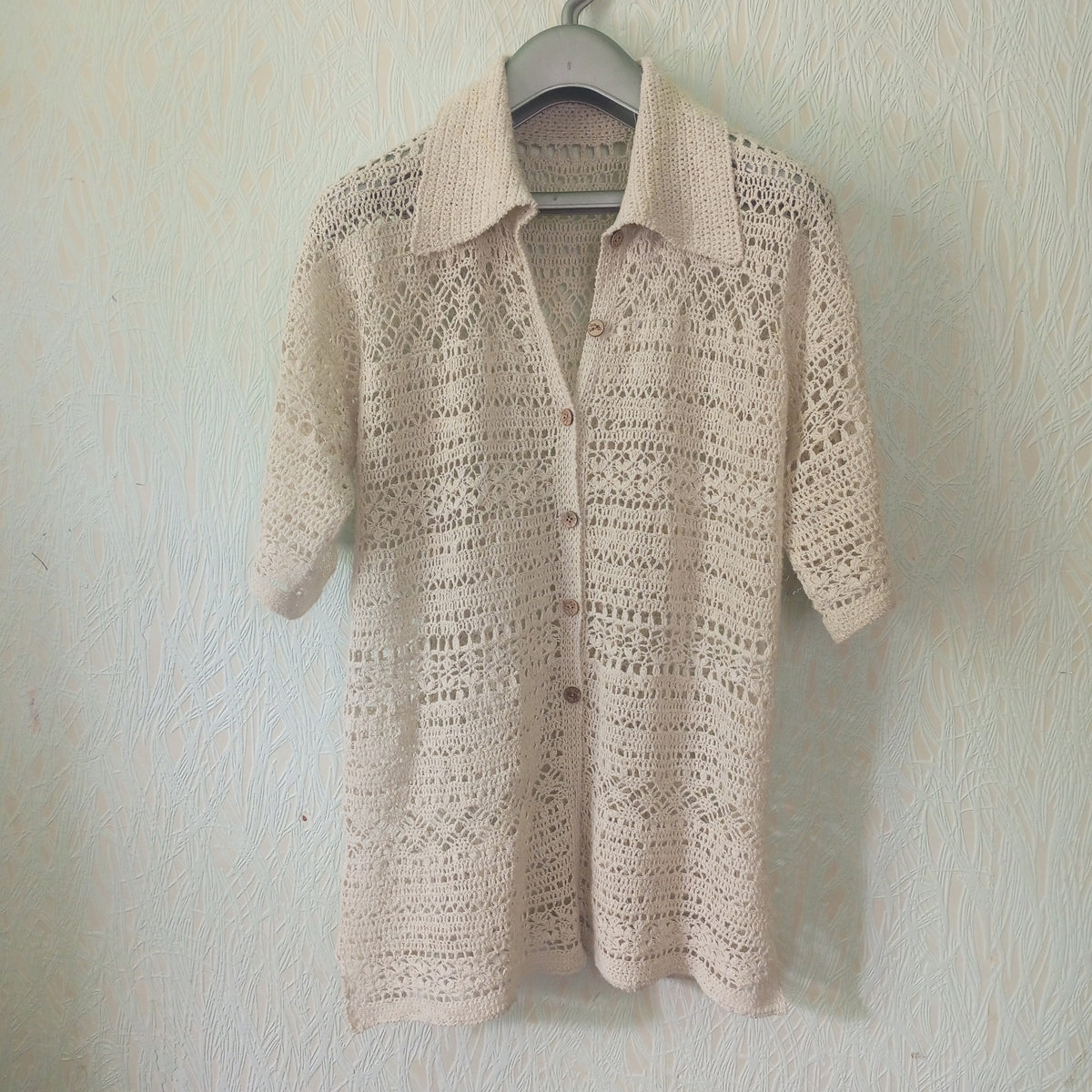 Ivory Crochet Polo Shirt – Oversized Hemp Cotton Lace Cardigan, Handmade Collared Summer Sweater