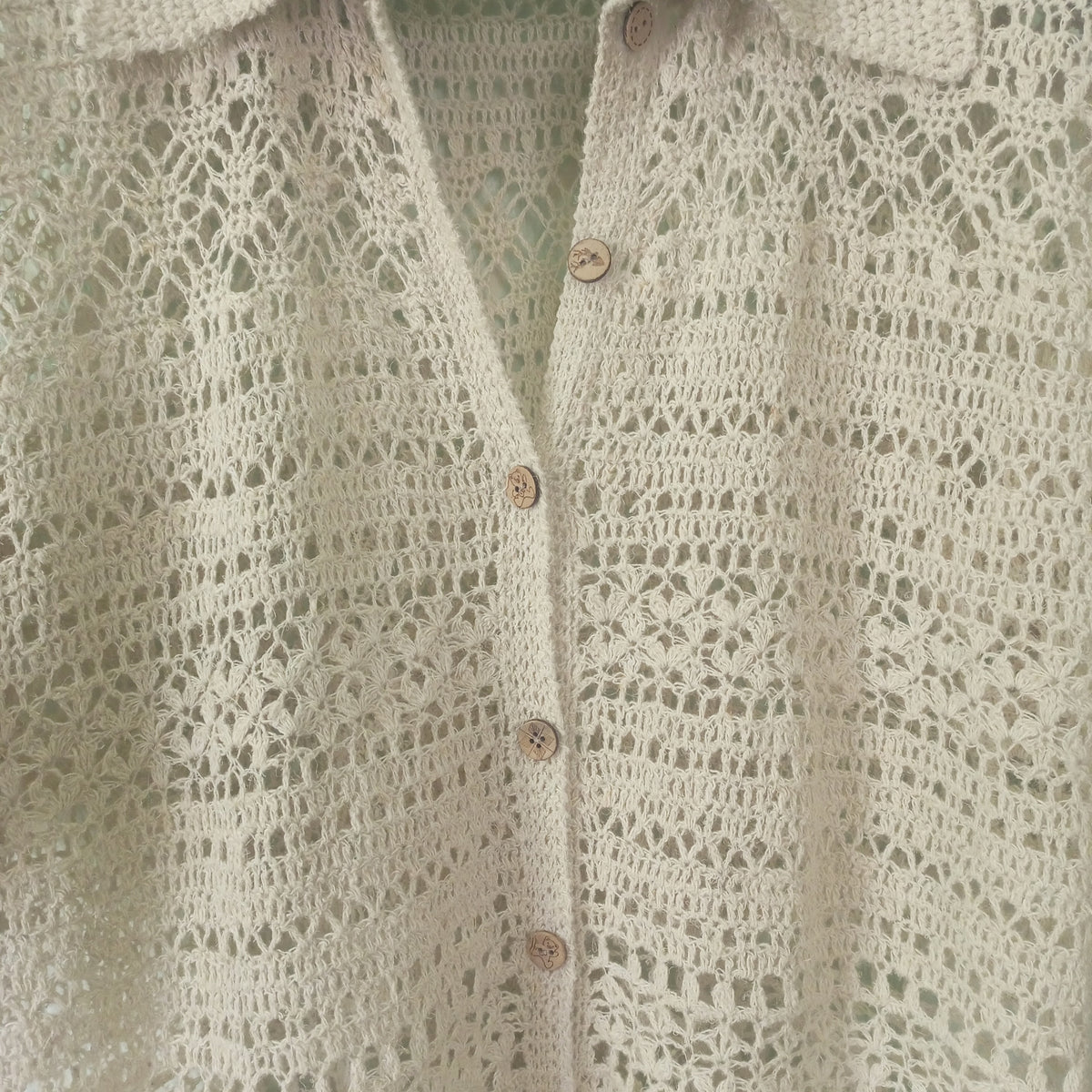 Ivory Crochet Polo Shirt – Oversized Hemp Cotton Lace Cardigan, Handmade Collared Summer Sweater