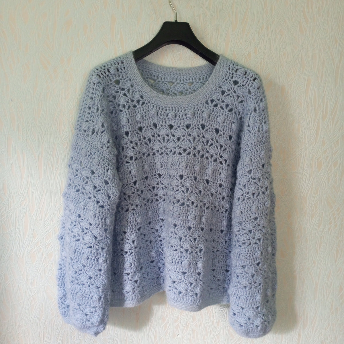 Light Blue Oversized Crochet Sweater, Handmade Wool Jumper, Boho Knit Pullover Chunky Winter Sweater Loose Fit Crew Neck Jumper Women