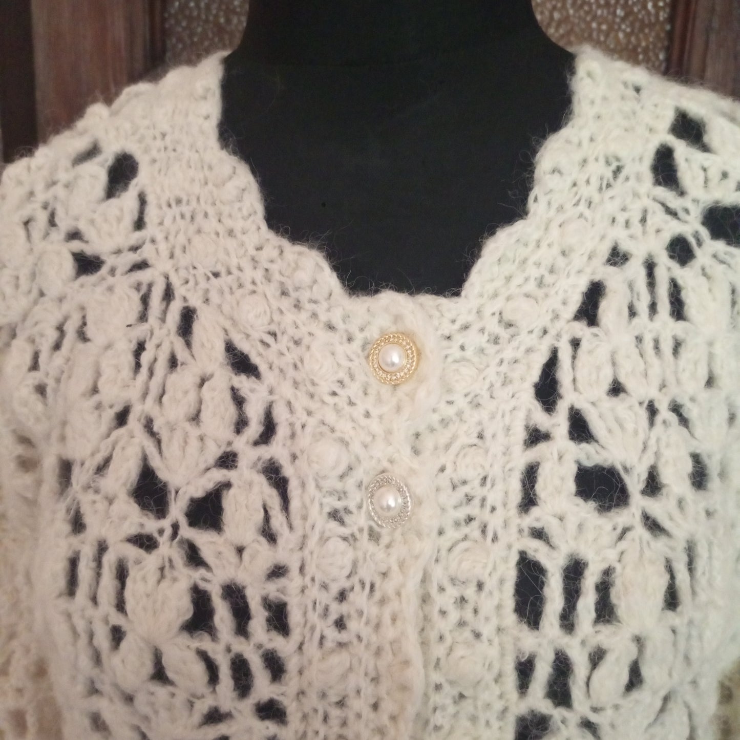 Ivory Crochet Lace Jacket – Handmade Fluffy Oversized Wool Bomber Cardigan with Puff Sleeves