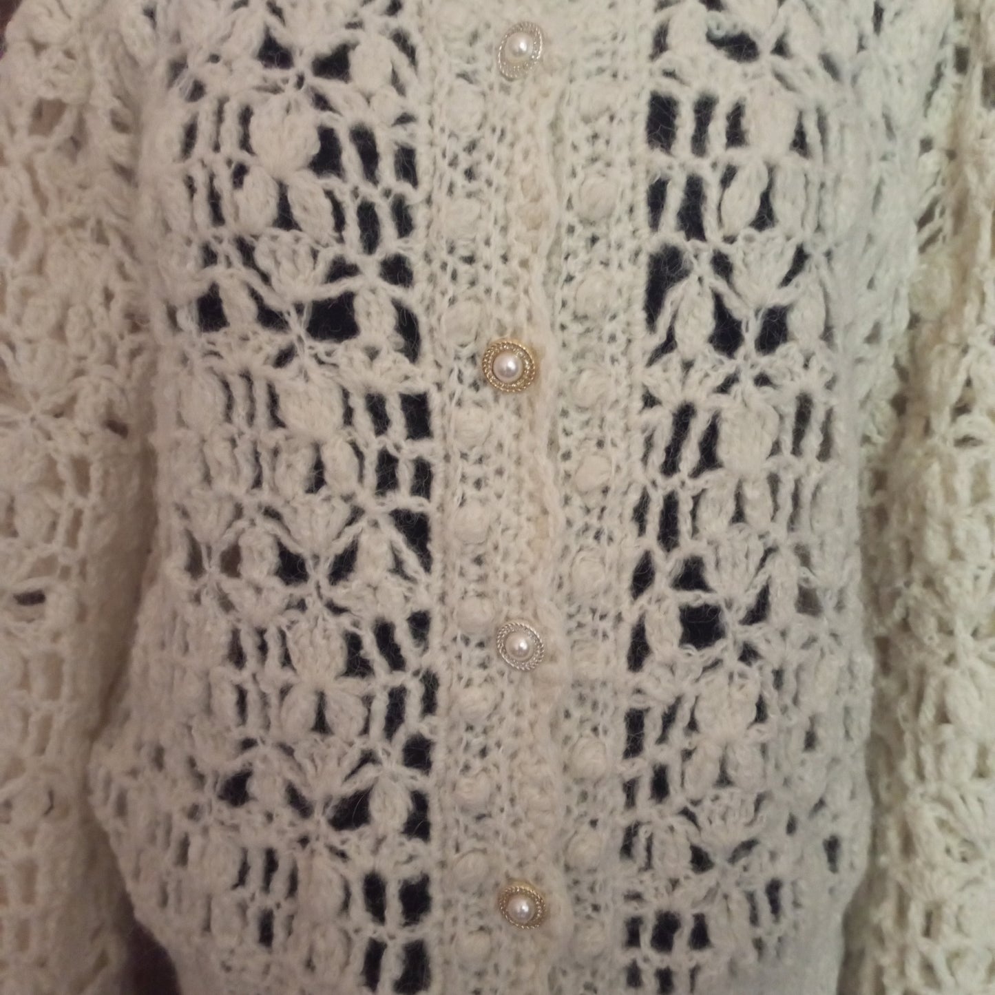 Ivory Crochet Lace Jacket – Handmade Fluffy Oversized Wool Bomber Cardigan with Puff Sleeves