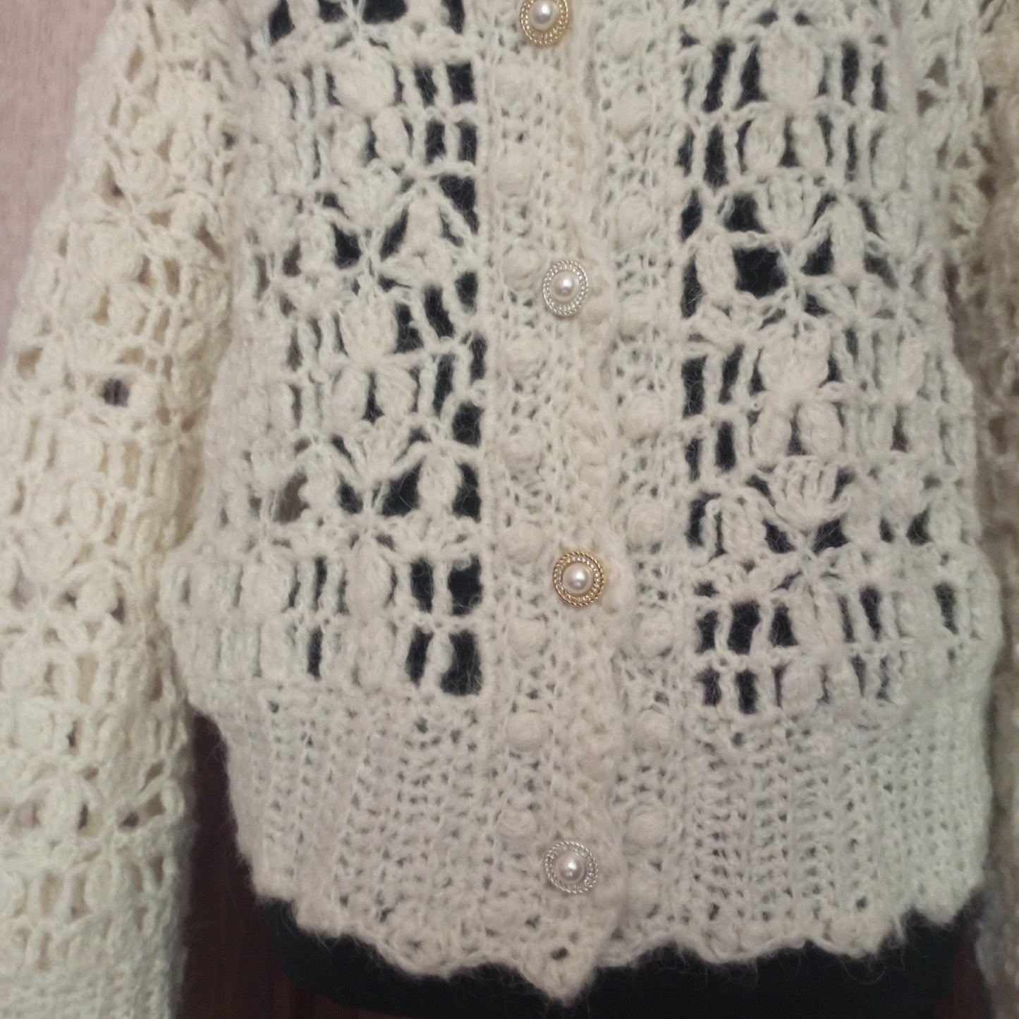 Ivory Crochet Lace Jacket – Handmade Fluffy Oversized Wool Bomber Cardigan with Puff Sleeves