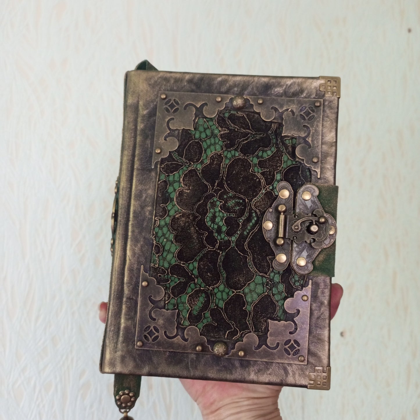 Black Green Leather Journal with Antique Brass Lock – Handmade Vintage Book of Shadows with Lace Embelishment Medieval Grimoire