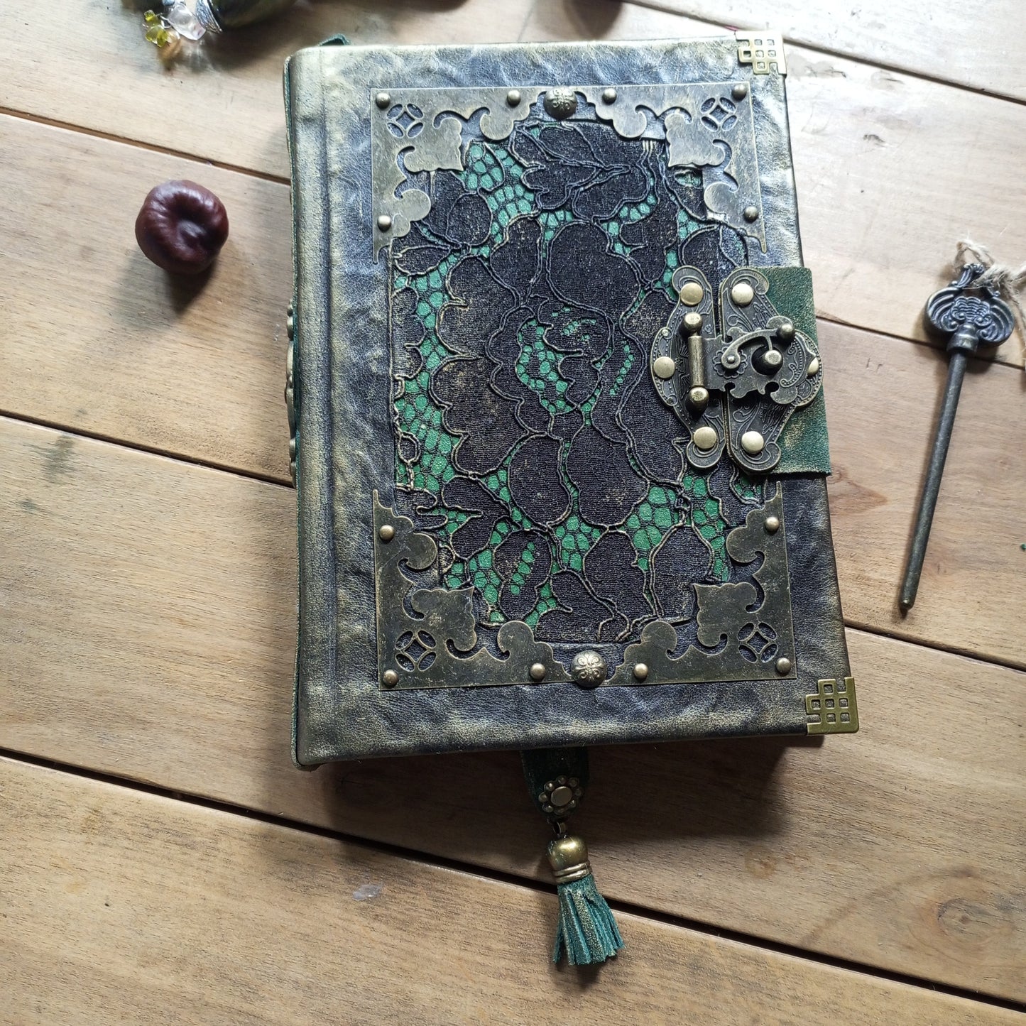 Black Green Leather Journal with Antique Brass Lock – Handmade Vintage Book of Shadows with Lace Embelishment Medieval Grimoire