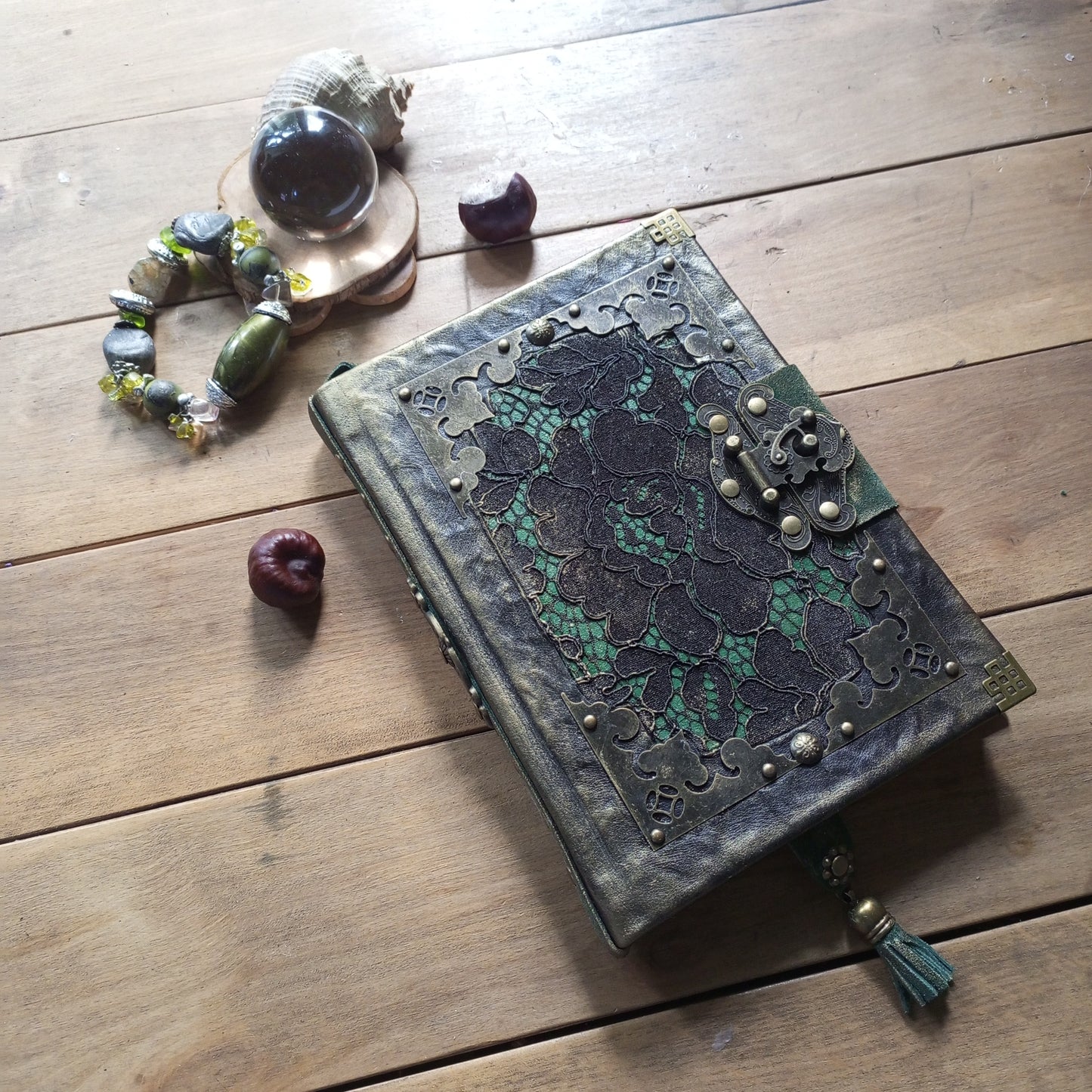Black Green Leather Journal with Antique Brass Lock – Handmade Vintage Book of Shadows with Lace Embelishment Medieval Grimoire