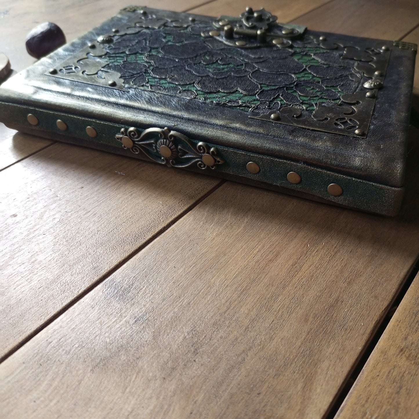 Black Green Leather Journal with Antique Brass Lock – Handmade Vintage Book of Shadows with Lace Embelishment Medieval Grimoire