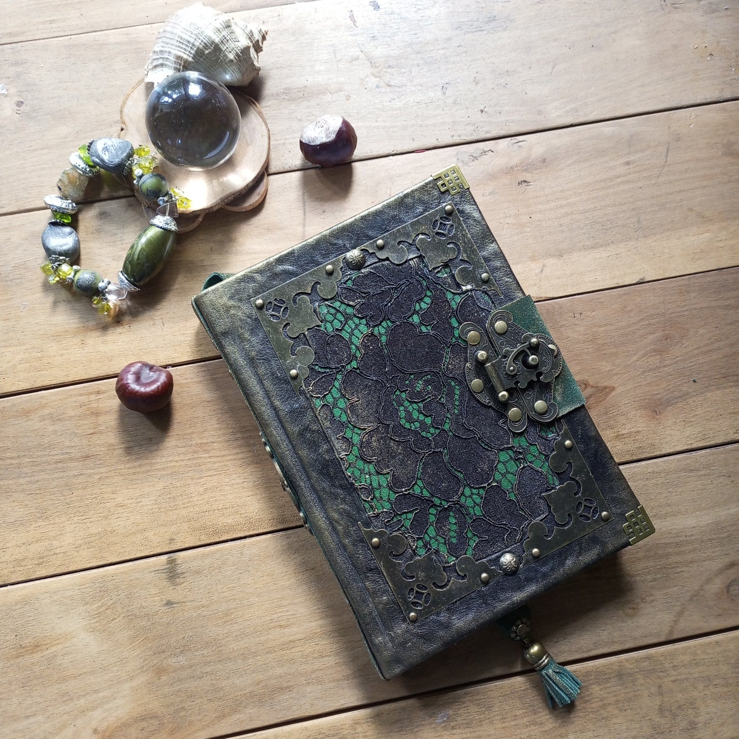Black Green Leather Journal with Antique Brass Lock – Handmade Vintage Book of Shadows with Lace Embelishment Medieval Grimoire
