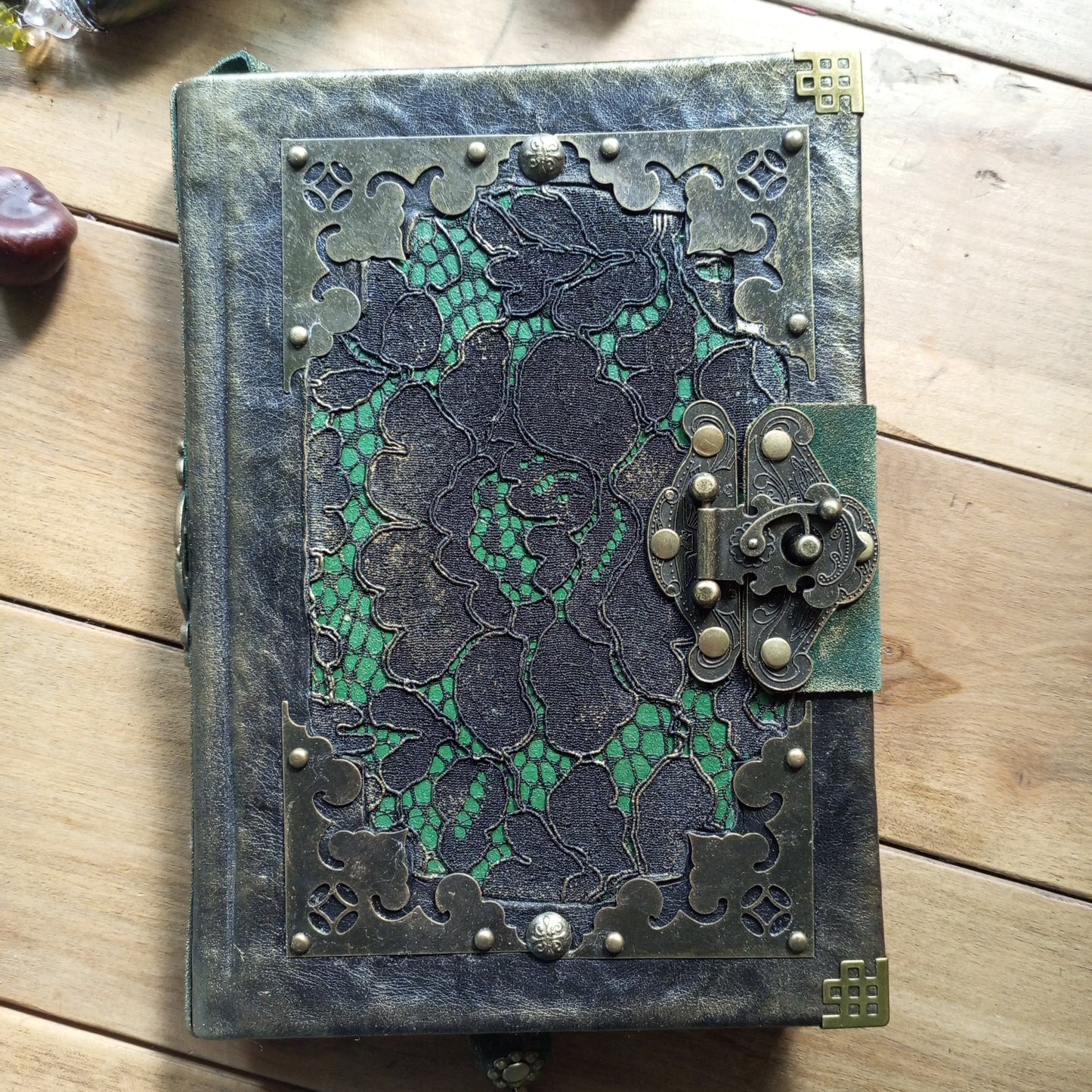 Black Green Leather Journal with Antique Brass Lock – Handmade Vintage Book of Shadows with Lace Embelishment Medieval Grimoire