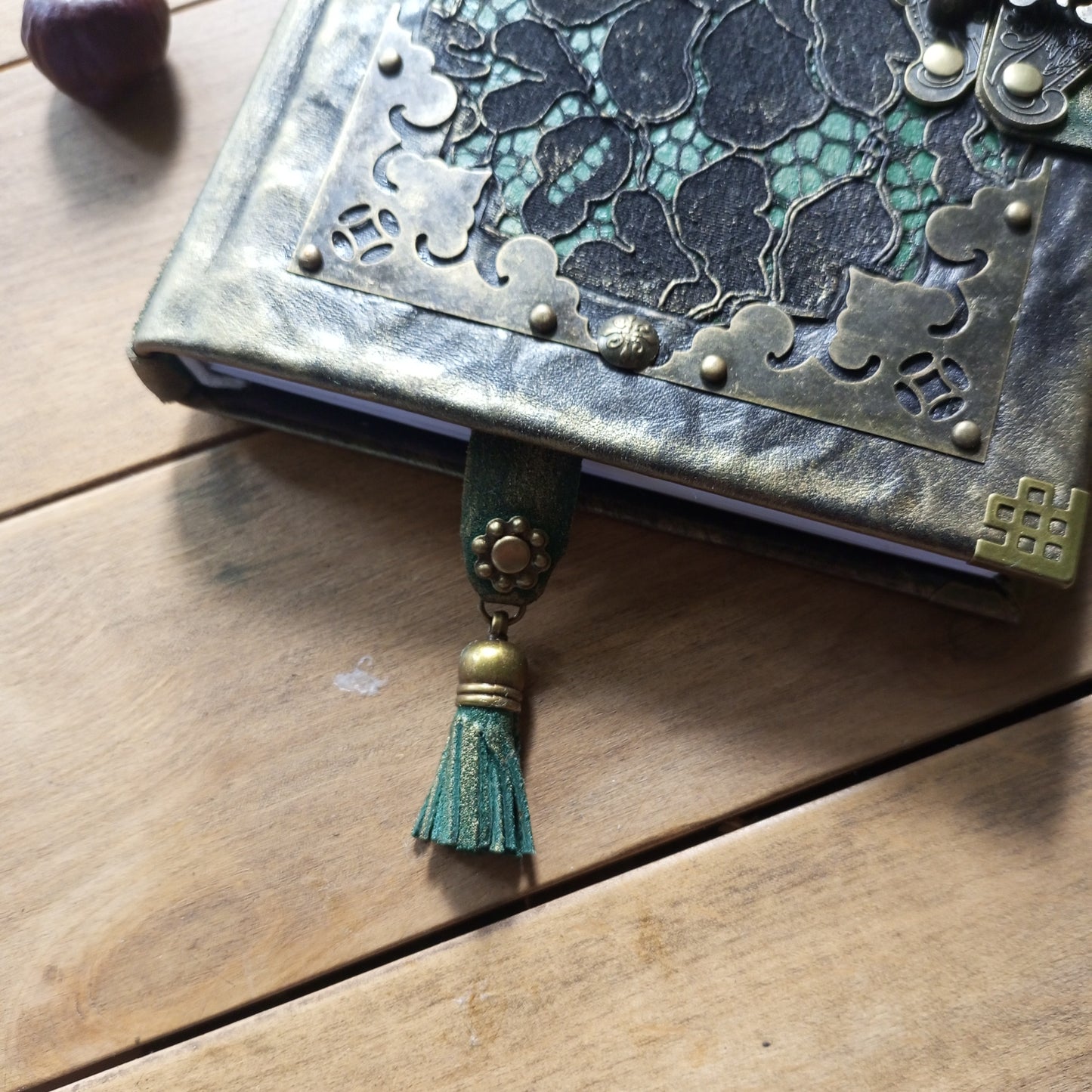 Black Green Leather Journal with Antique Brass Lock – Handmade Vintage Book of Shadows with Lace Embelishment Medieval Grimoire