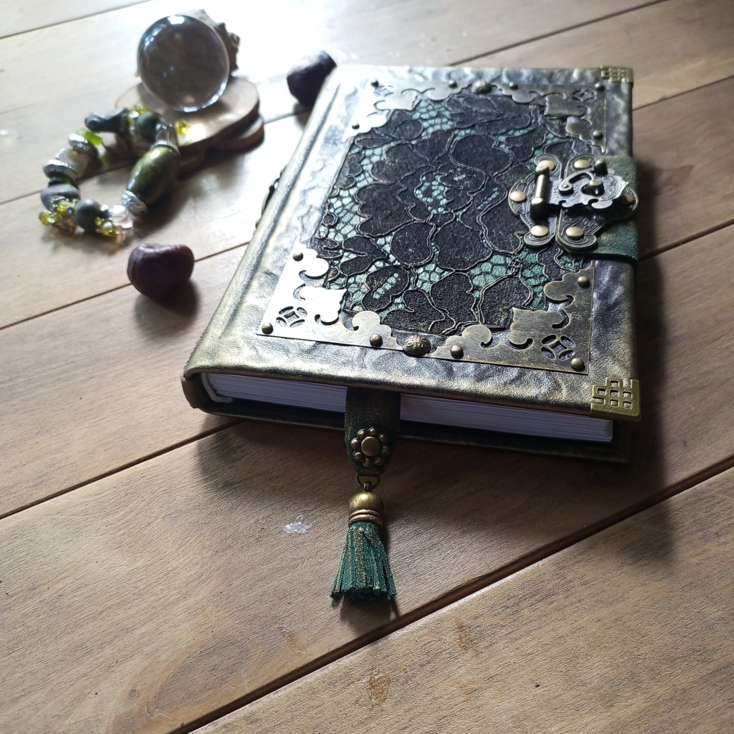 Black Green Leather Journal with Antique Brass Lock – Handmade Vintage Book of Shadows with Lace Embelishment Medieval Grimoire