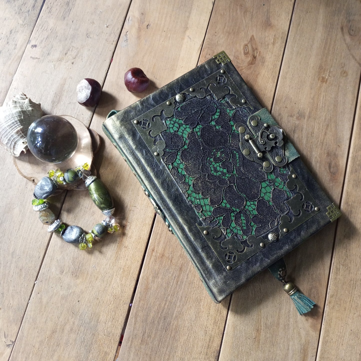 Black Green Leather Journal with Antique Brass Lock – Handmade Vintage Book of Shadows with Lace Embelishment Medieval Grimoire