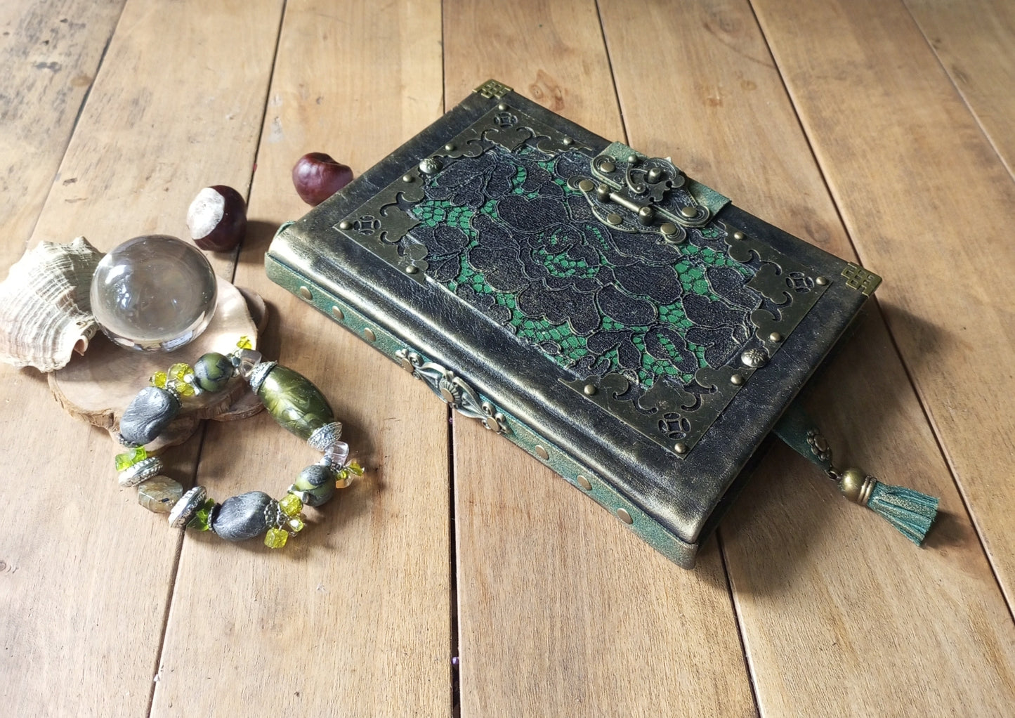 Black Green Leather Journal with Antique Brass Lock – Handmade Vintage Book of Shadows with Lace Embelishment Medieval Grimoire