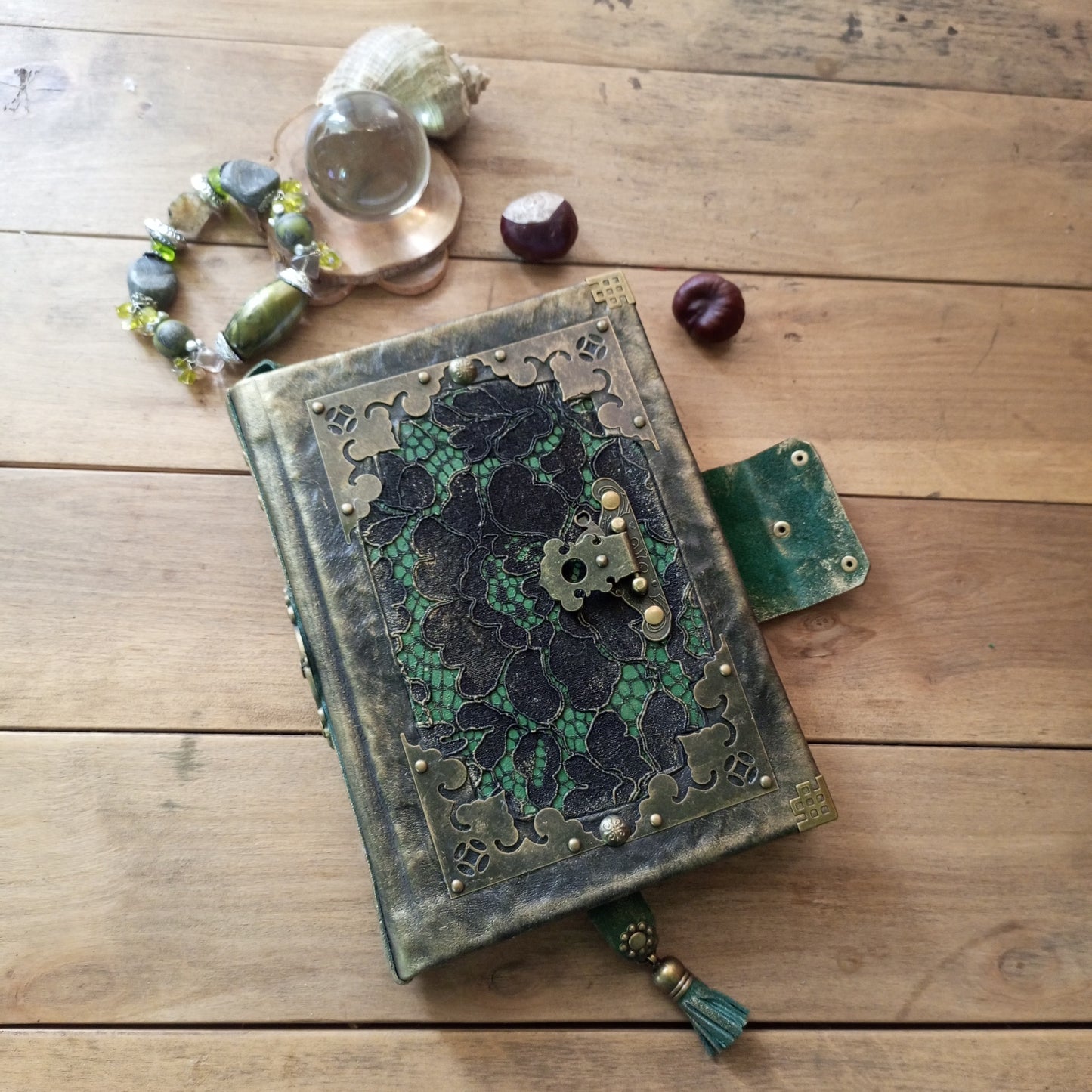 Black Green Leather Journal with Antique Brass Lock – Handmade Vintage Book of Shadows with Lace Embelishment Medieval Grimoire