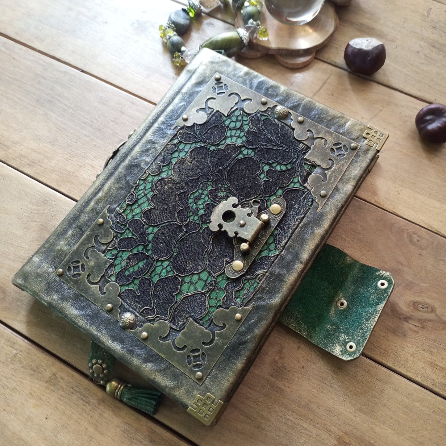 Black Green Leather Journal with Antique Brass Lock – Handmade Vintage Book of Shadows with Lace Embelishment Medieval Grimoire