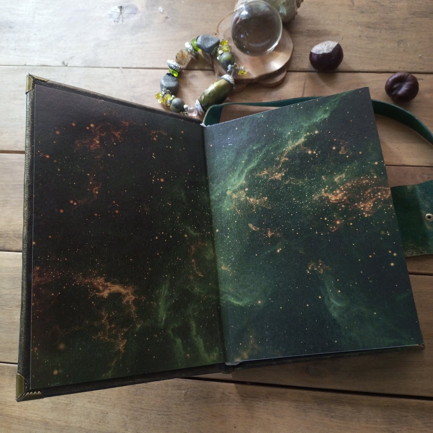 Black Green Leather Journal with Antique Brass Lock – Handmade Vintage Book of Shadows with Lace Embelishment Medieval Grimoire