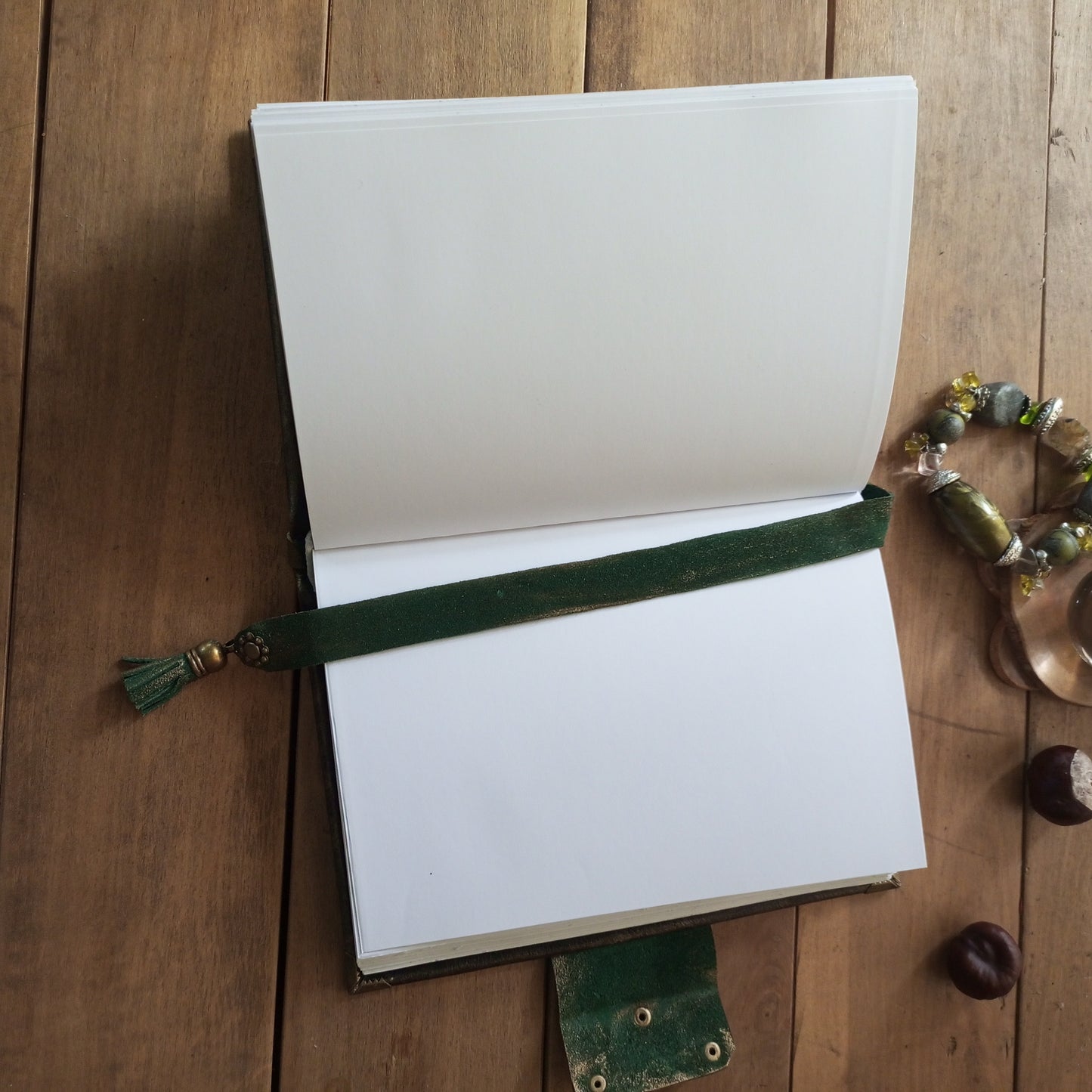 Black Green Leather Journal with Antique Brass Lock – Handmade Vintage Book of Shadows with Lace Embelishment Medieval Grimoire