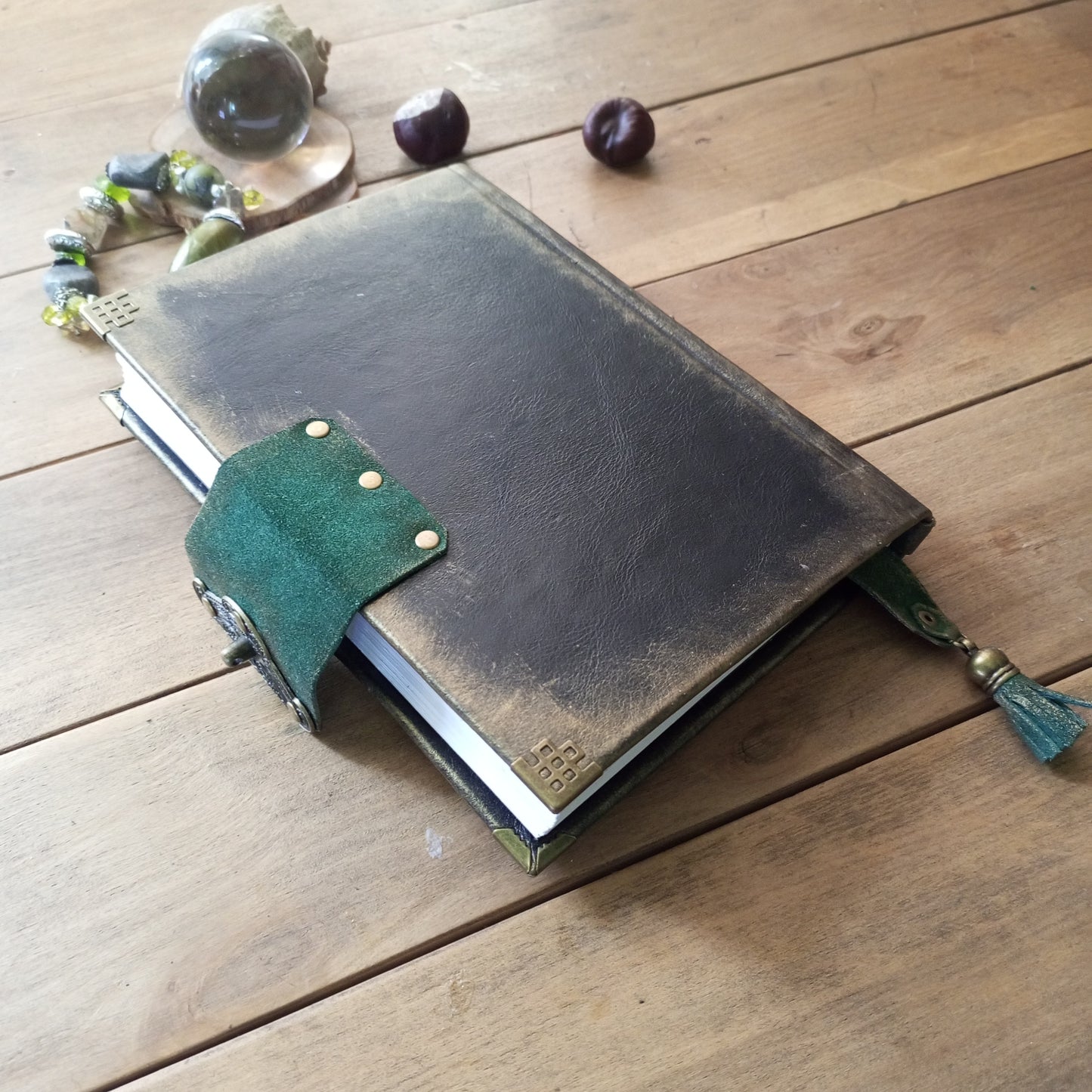 Black Green Leather Journal with Antique Brass Lock – Handmade Vintage Book of Shadows with Lace Embelishment Medieval Grimoire