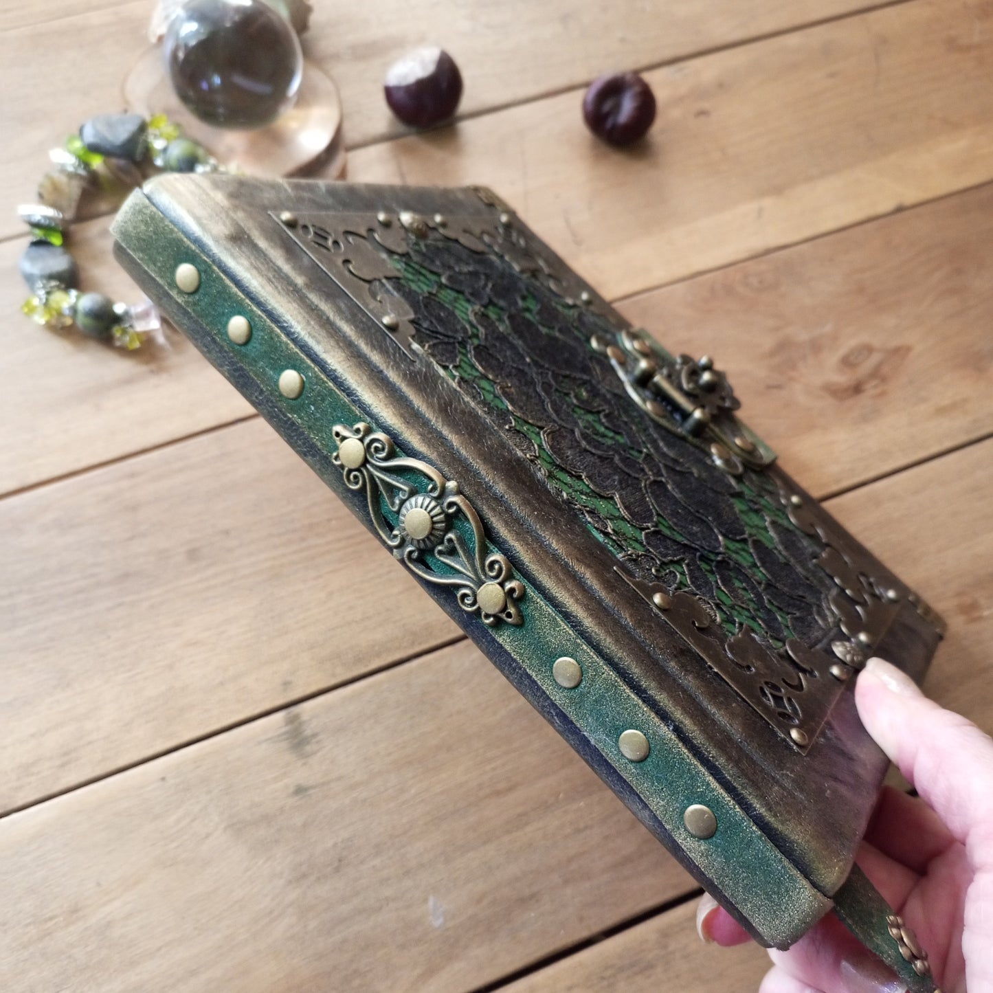 Black Green Leather Journal with Antique Brass Lock – Handmade Vintage Book of Shadows with Lace Embelishment Medieval Grimoire