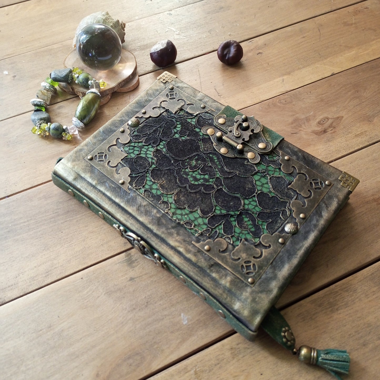 Black Green Leather Journal with Antique Brass Lock – Handmade Vintage Book of Shadows with Lace Embelishment Medieval Grimoire