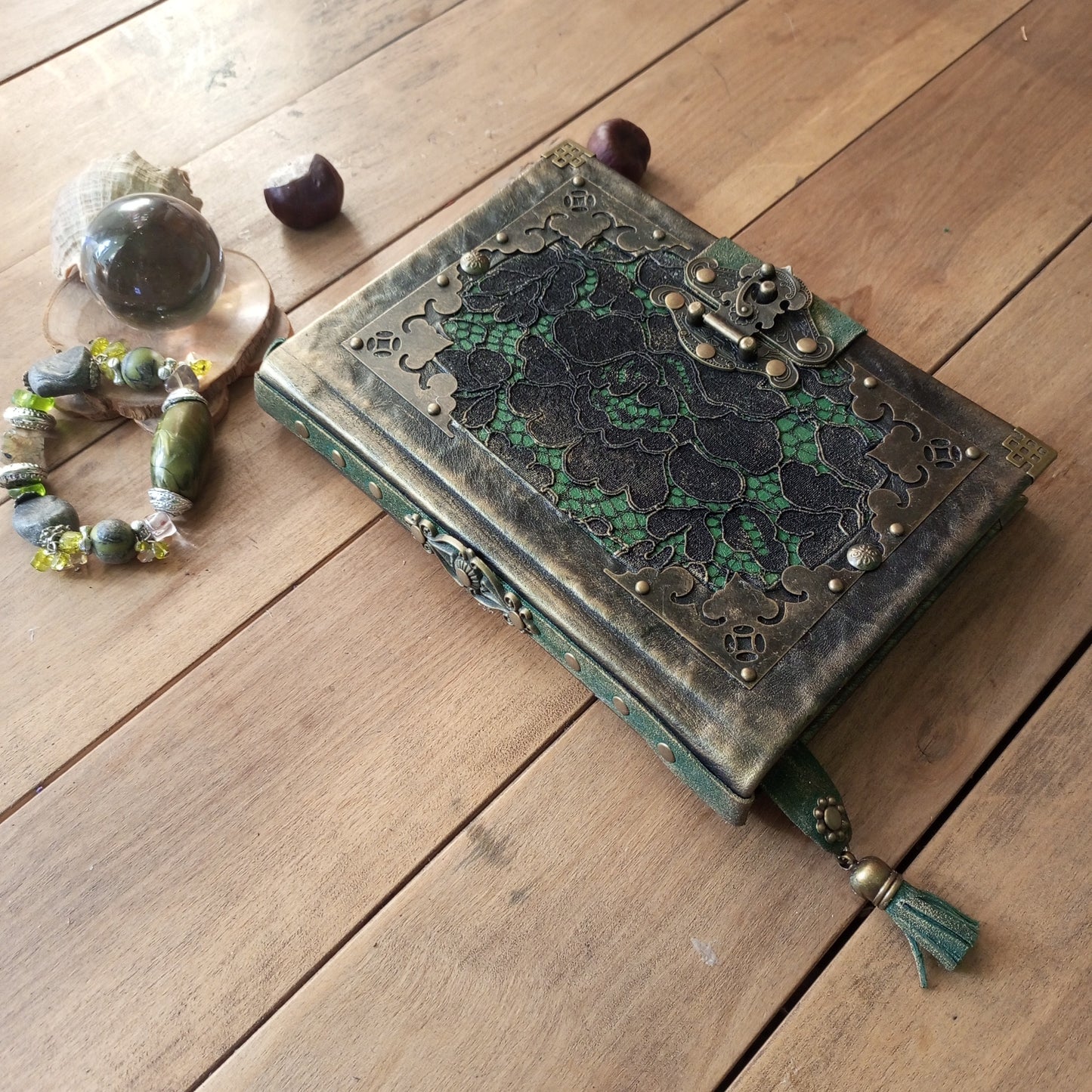 Black Green Leather Journal with Antique Brass Lock – Handmade Vintage Book of Shadows with Lace Embelishment Medieval Grimoire