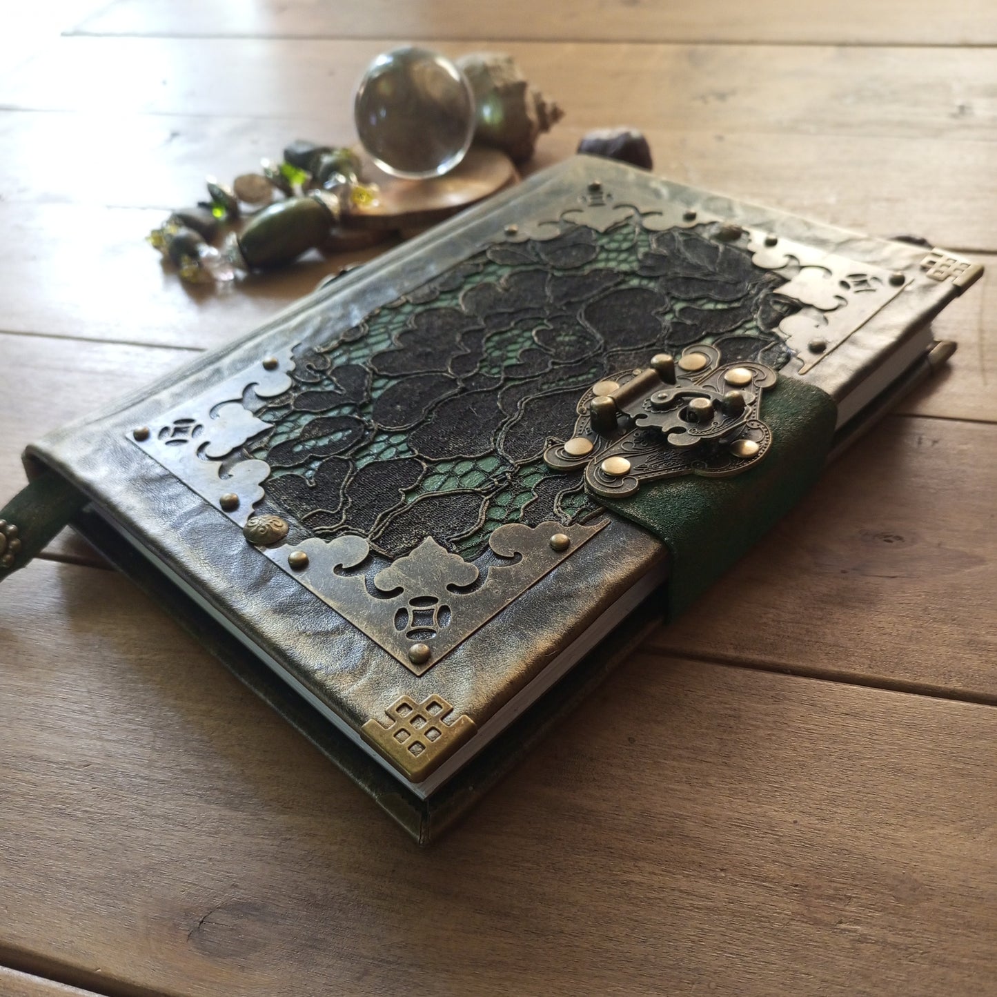 Black Green Leather Journal with Antique Brass Lock – Handmade Vintage Book of Shadows with Lace Embelishment Medieval Grimoire