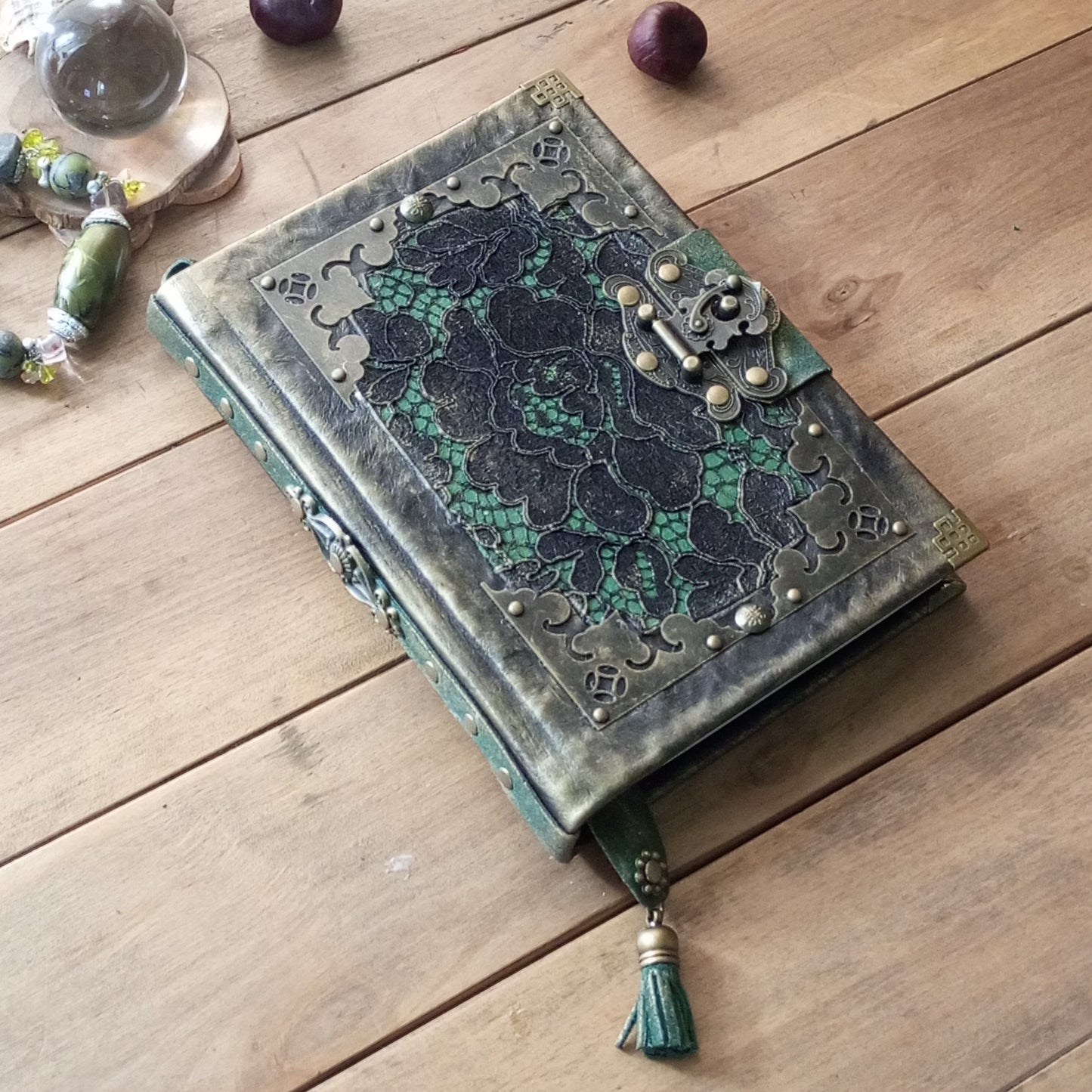 Black Green Leather Journal with Antique Brass Lock – Handmade Vintage Book of Shadows with Lace Embelishment Medieval Grimoire