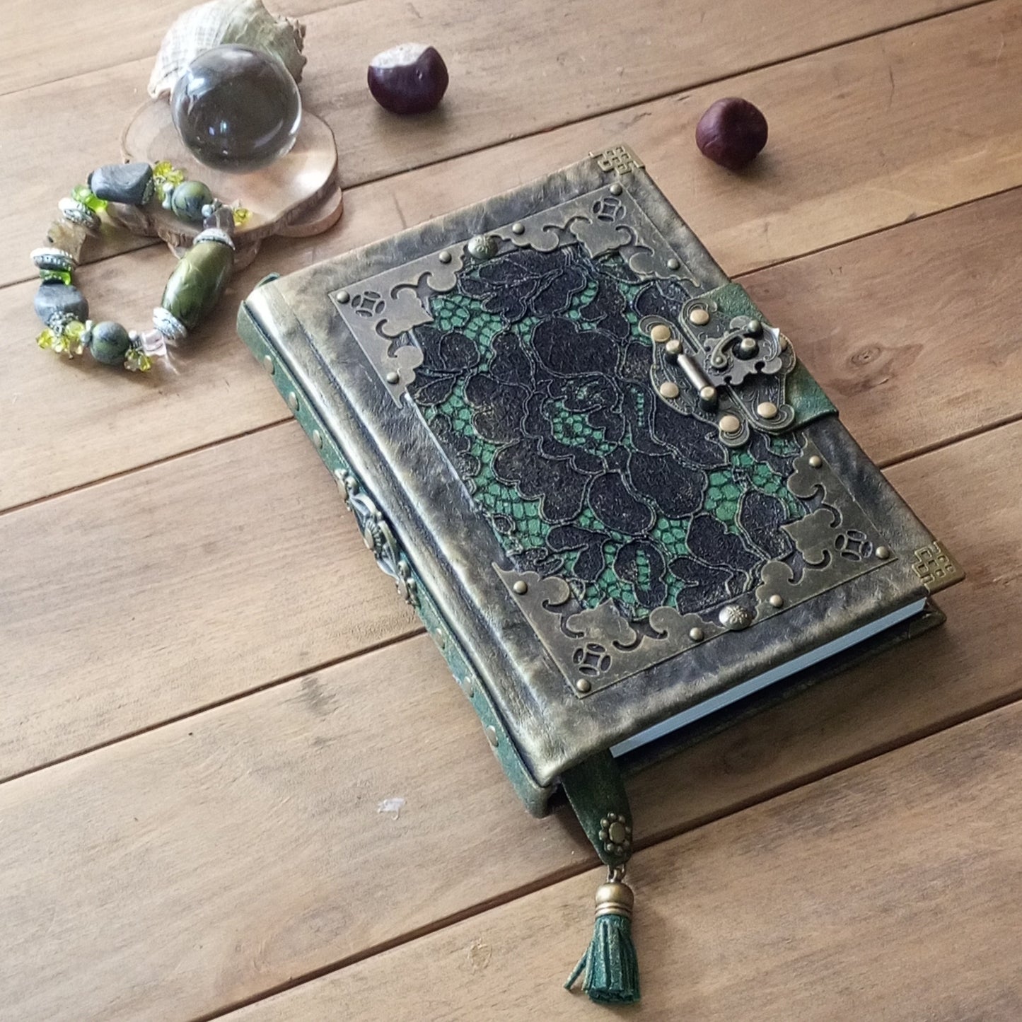 Black Green Leather Journal with Antique Brass Lock – Handmade Vintage Book of Shadows with Lace Embelishment Medieval Grimoire