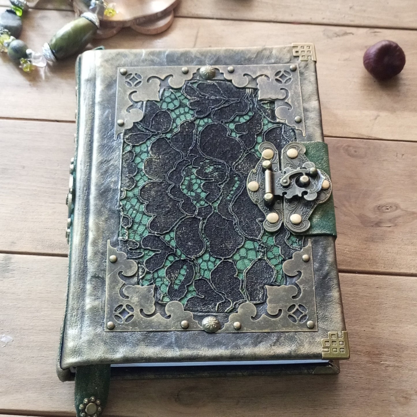 Black Green Leather Journal with Antique Brass Lock – Handmade Vintage Book of Shadows with Lace Embelishment Medieval Grimoire