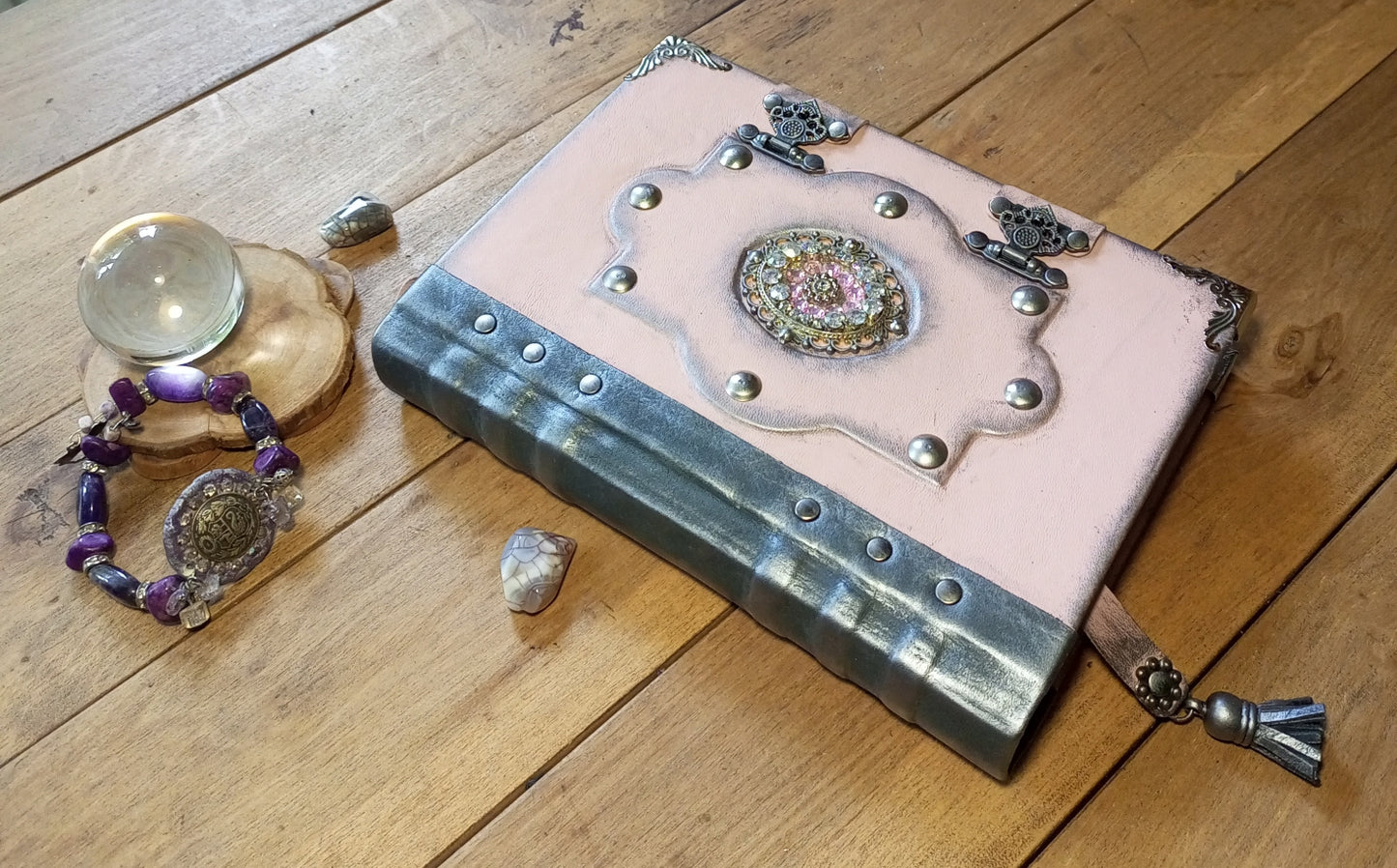 OOAK Pink & Grey Leather Journal with Brooch & Double Antique Locks – Handmade Vintage Book of Shadows