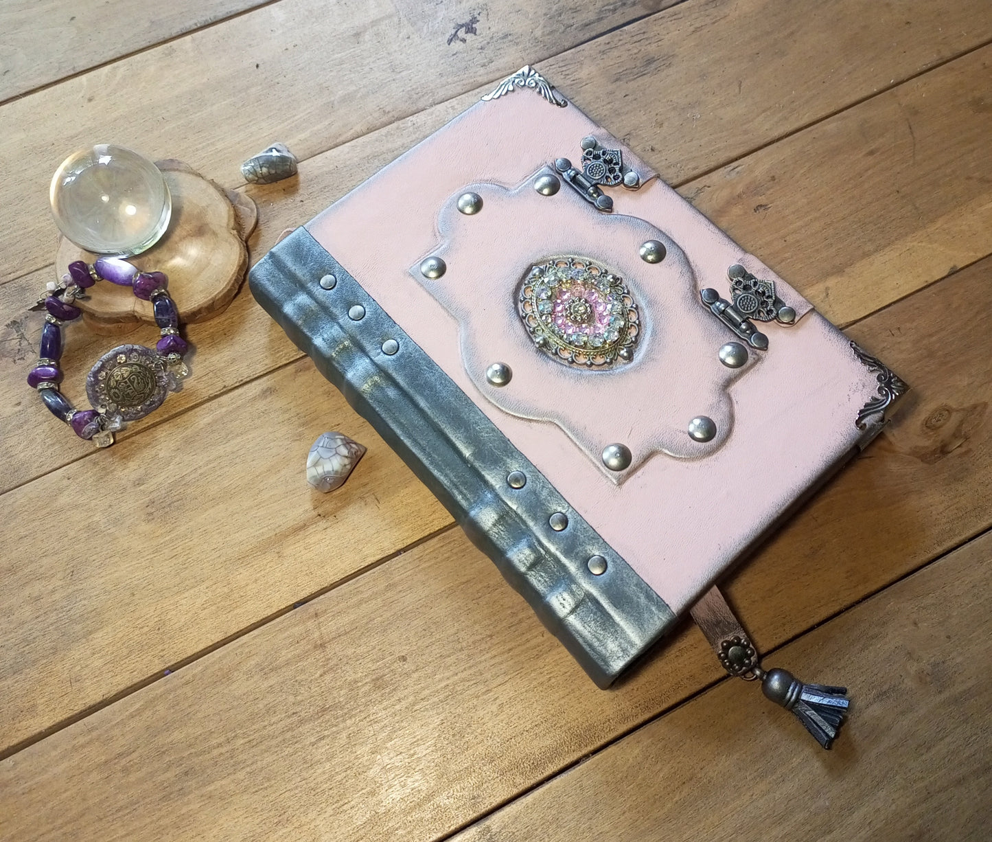 OOAK Pink & Grey Leather Journal with Brooch & Double Antique Locks – Handmade Vintage Book of Shadows