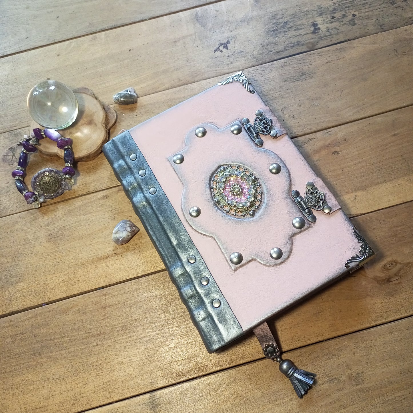 OOAK Pink & Grey Leather Journal with Brooch & Double Antique Locks – Handmade Vintage Book of Shadows