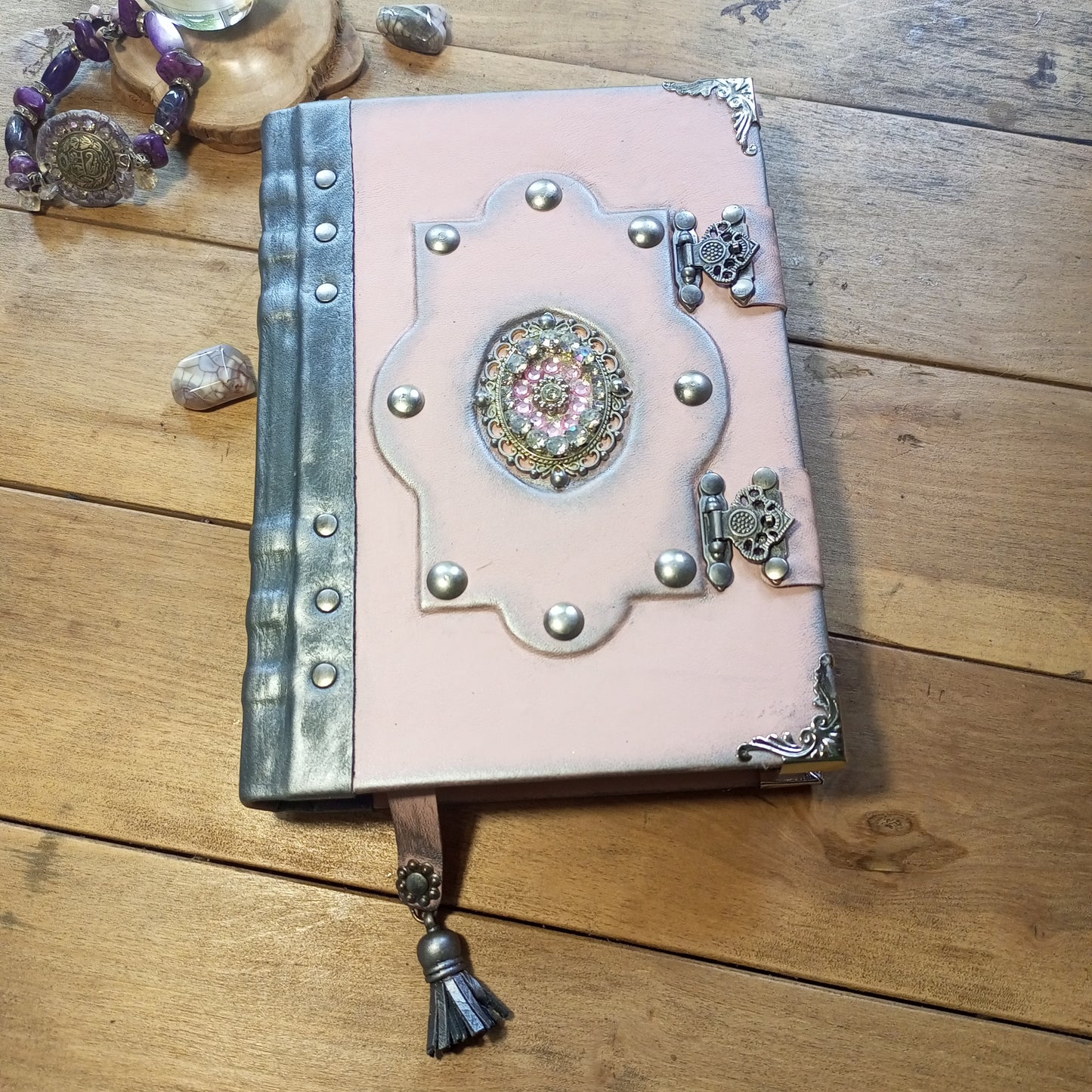 OOAK Pink & Grey Leather Journal with Brooch & Double Antique Locks – Handmade Vintage Book of Shadows