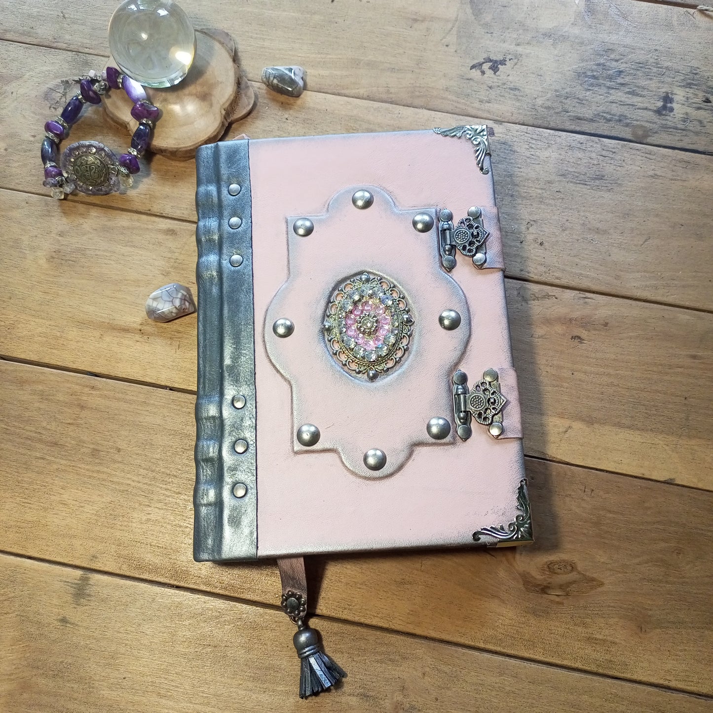 OOAK Pink & Grey Leather Journal with Brooch & Double Antique Locks – Handmade Vintage Book of Shadows
